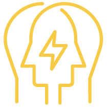 Stylized outline of two human heads facing each other with a lightning bolt between them, representing ideas or mental energy.