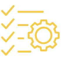 Checklist with four yellow checkmarks and a gear icon