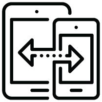 Icon of two devices, a tablet and a smartphone, with arrows indicating data transfer between them.