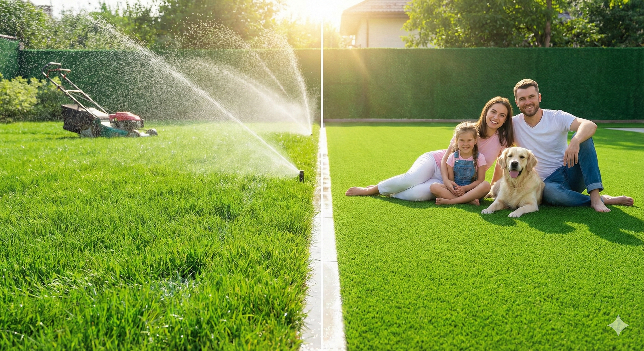 A side-by-side comparison of a natural grass yard with an active sprinkler system and a pristine artificial turf lawn in Tesoro Viejo, Madera, highlighting drought-tolerant landscaping options.