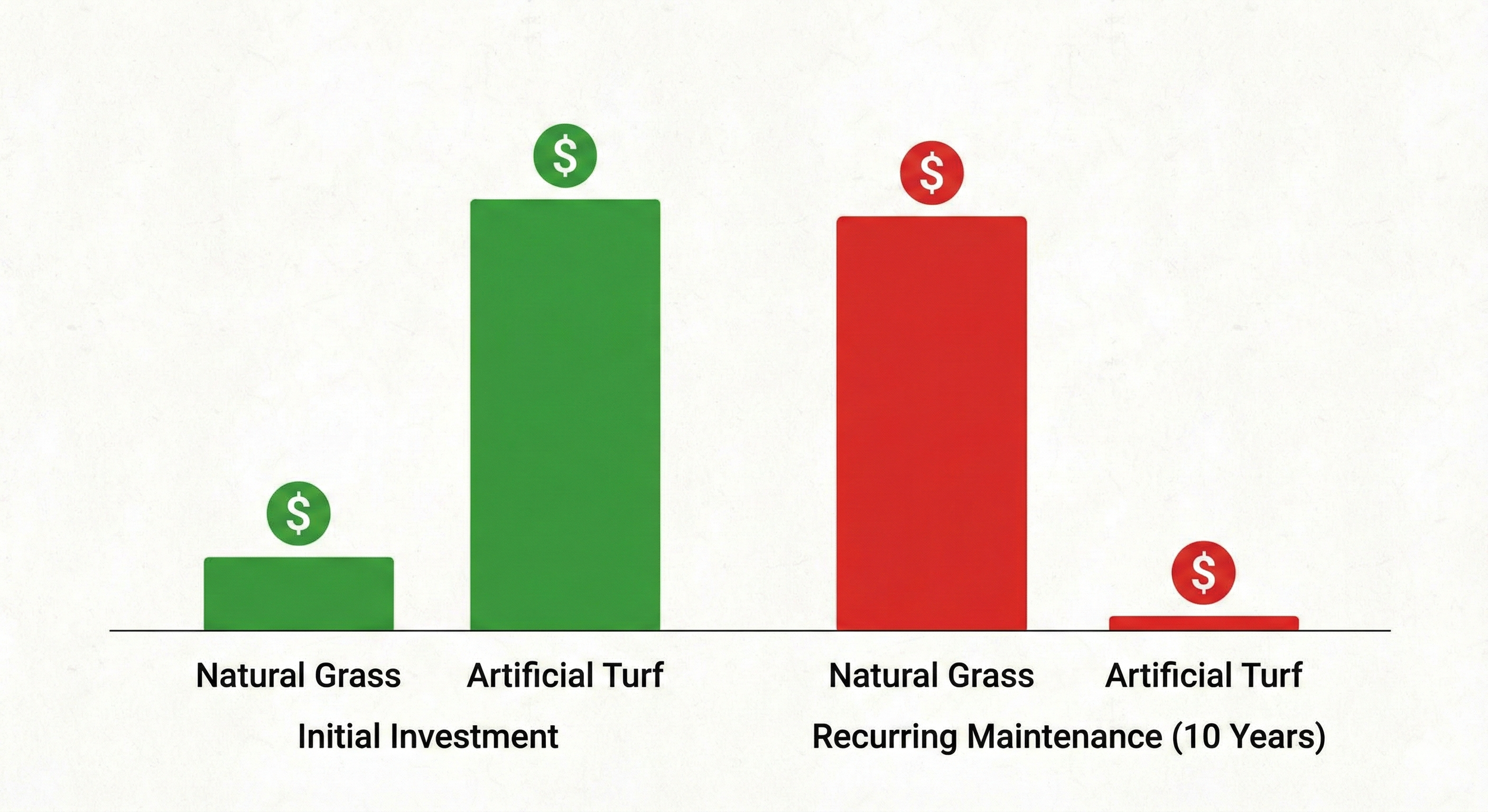 A bar chart comparing the low initial investment of natural sod versus the long-term cost savings and low maintenance of artificial turf for homeowners in Madera Riverstone.