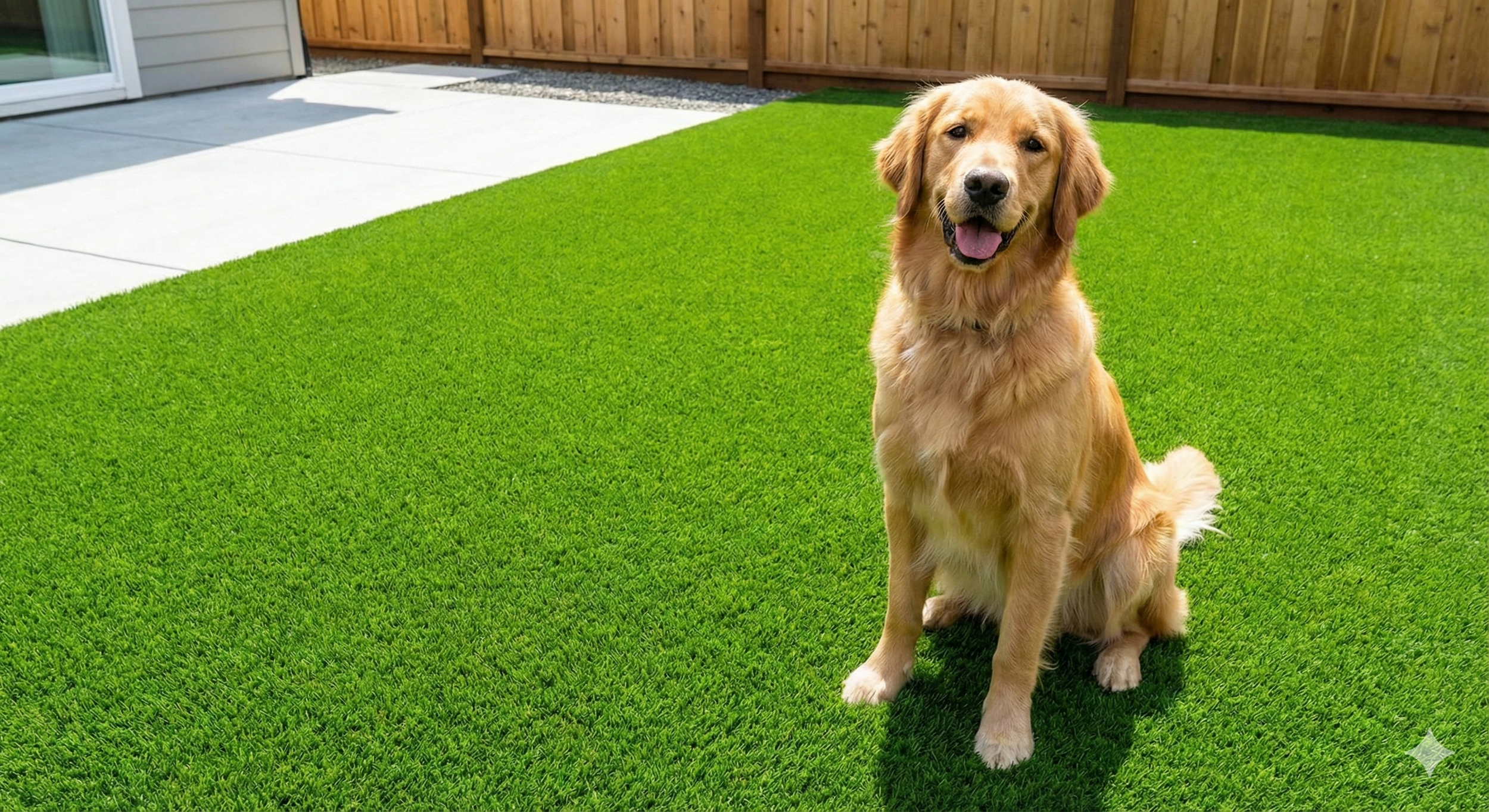 A happy Golden Retriever sitting on premium, pet-friendly artificial turf in a Clovis backyard, demonstrating a clean, mud-free outdoor space for new construction homes.