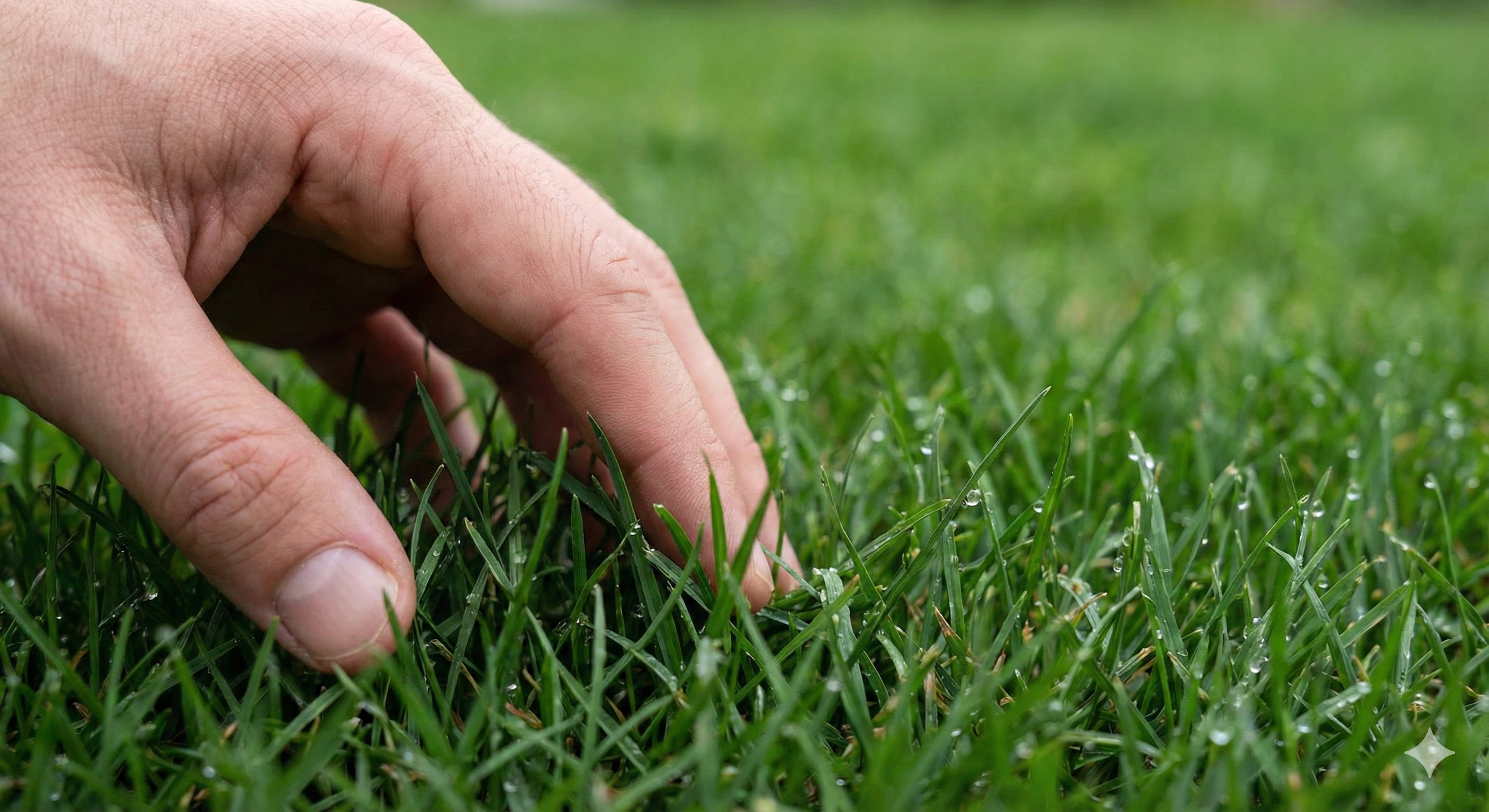 A healthy, deep green natural grass lawn in Fresno, CA, being inspected by hand to show the lush texture and moisture from a professional irrigation system.