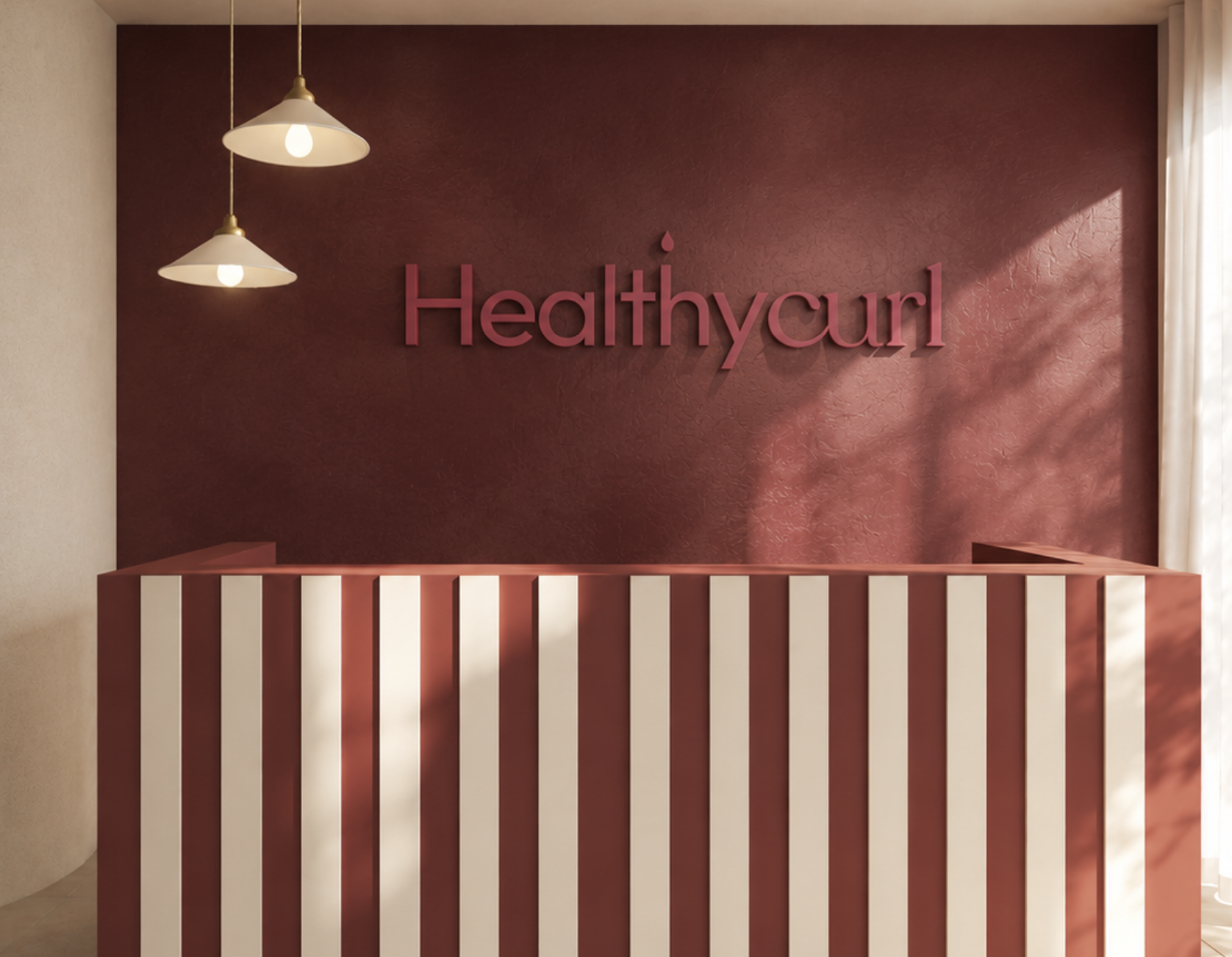Une réception avec un mur rouge foncé, un logo en 3D 'Healthycurl' en rose, deux suspensions avec abat-jour blanc, un comptoir à rayures rouges et blanches et un rideau blanc à droite