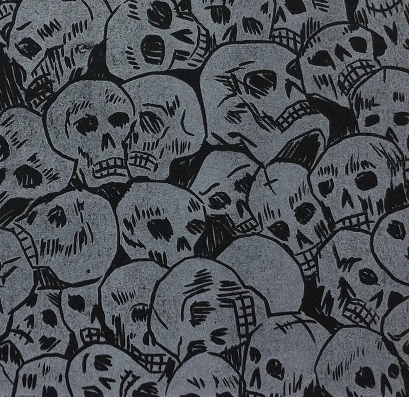 detail- Underneath Us All- for the Jose Guadalupe Posada's Centenario | 2013 | linocut on black paper | 12" x 9" | Edition of 20 | La Calaca Press Collection