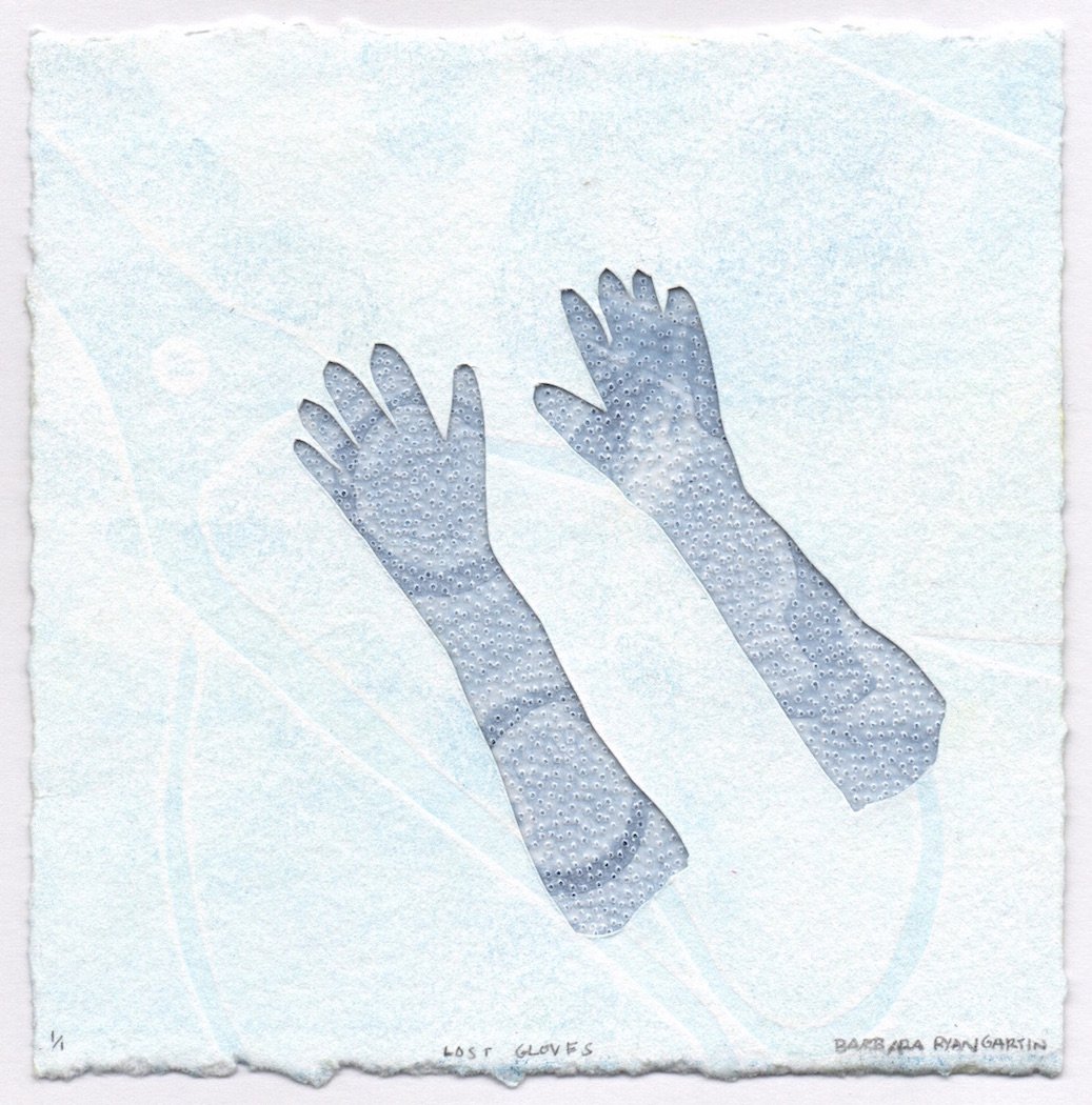 Lost Gloves | 2017 | Monotype and Pinhole Drawing | 4.5" x 4.5"