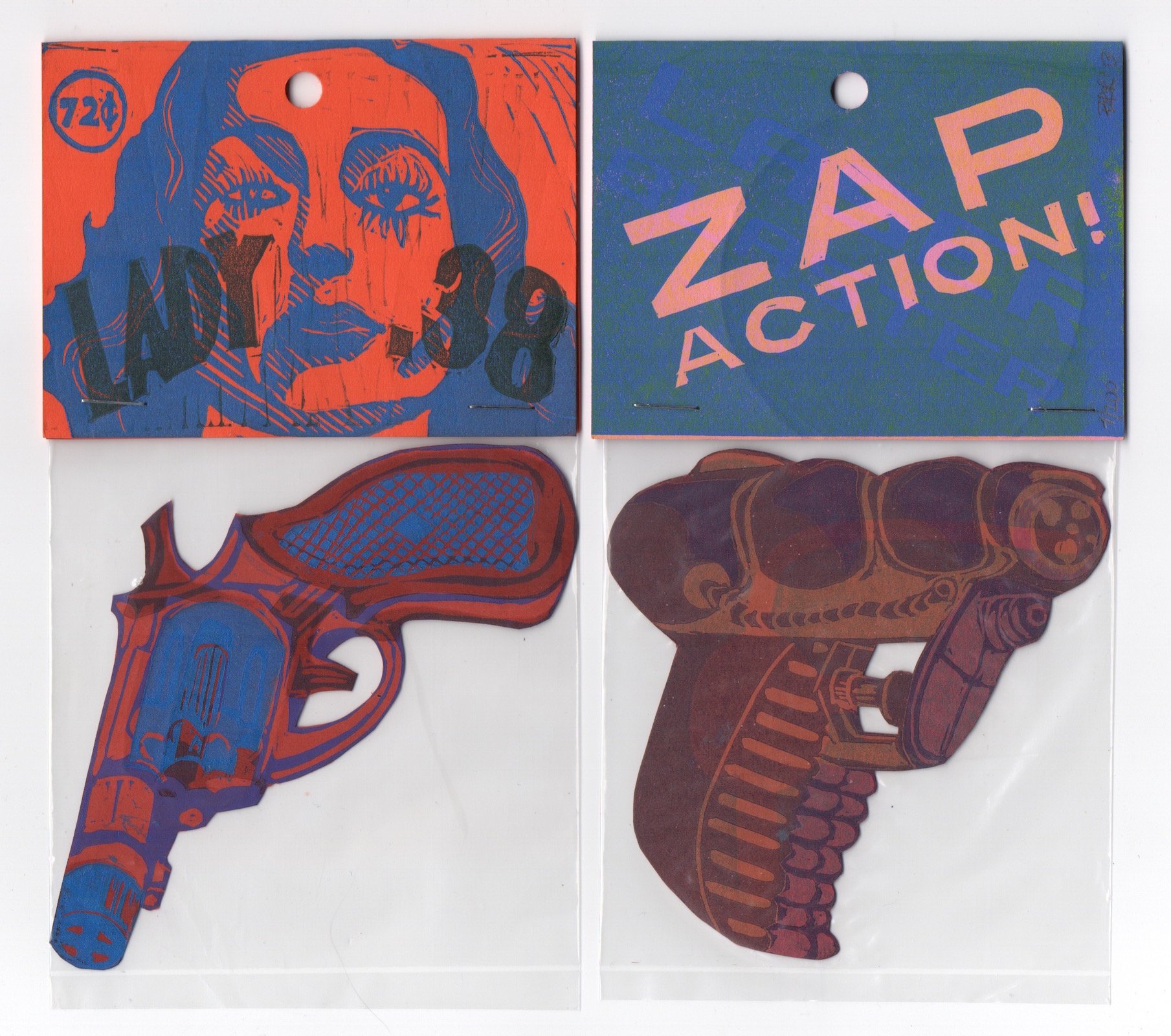 Lady .38 and Zap Action Prints - Play is Practice - Print Installation | 2013 | linocut, cellophane bags | each print 4 W x 6 H