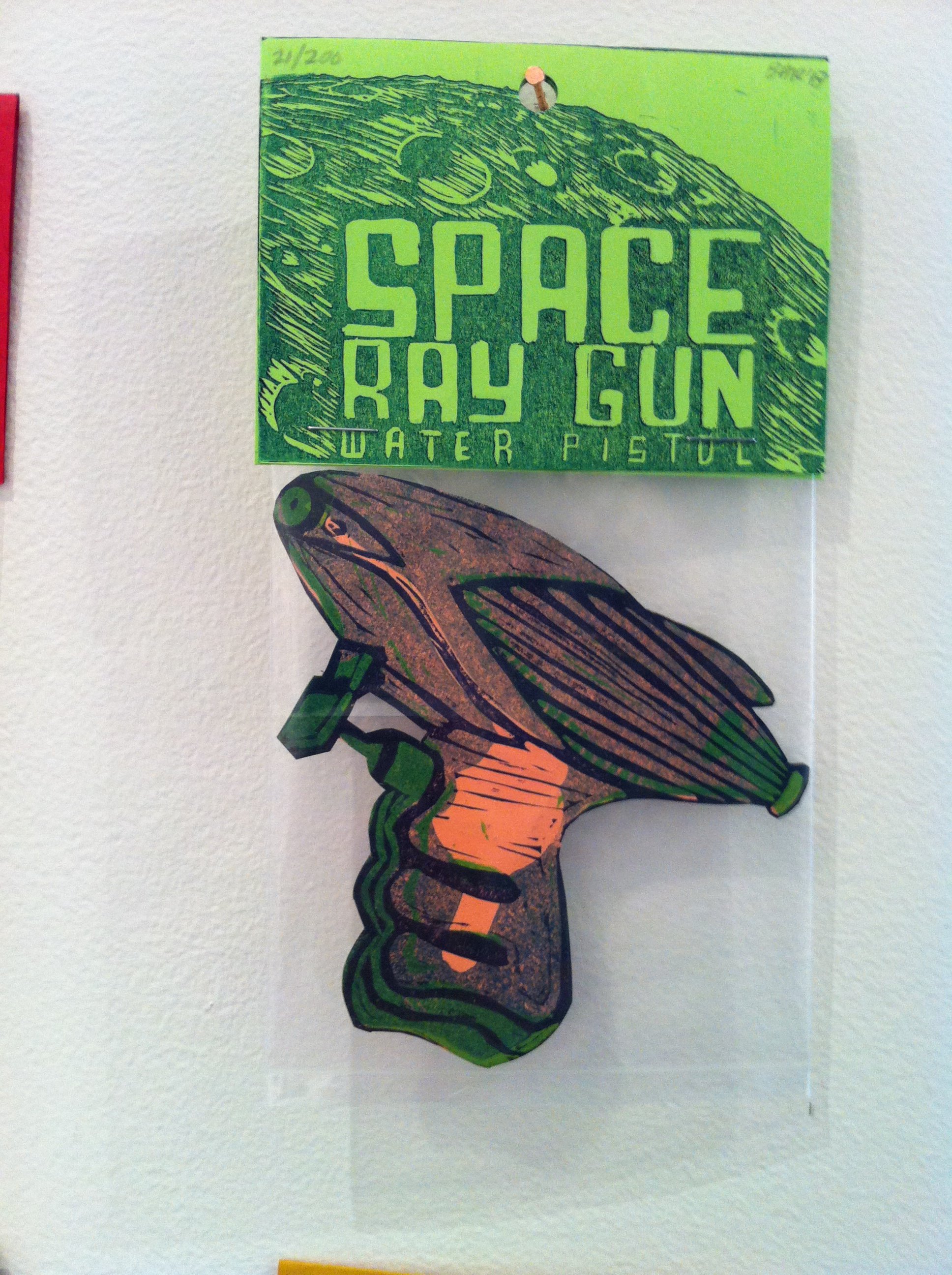 Space Racy Gun .38 Prints - Play is Practice - Print Installation | 2013 | linocut, cellophane bags | each print 4" W x 6" H