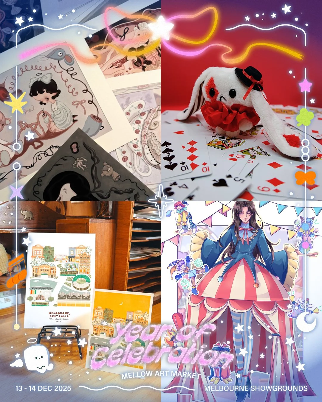 And here comes the next group in our parade line-up!
We are featuring 4 artists in one post &mdash; please refer to the images from left to right, top to bottom for the line-up ✨

@lulunaillustration (Table K10)
Luna Zhang is a Melbourne-based artist