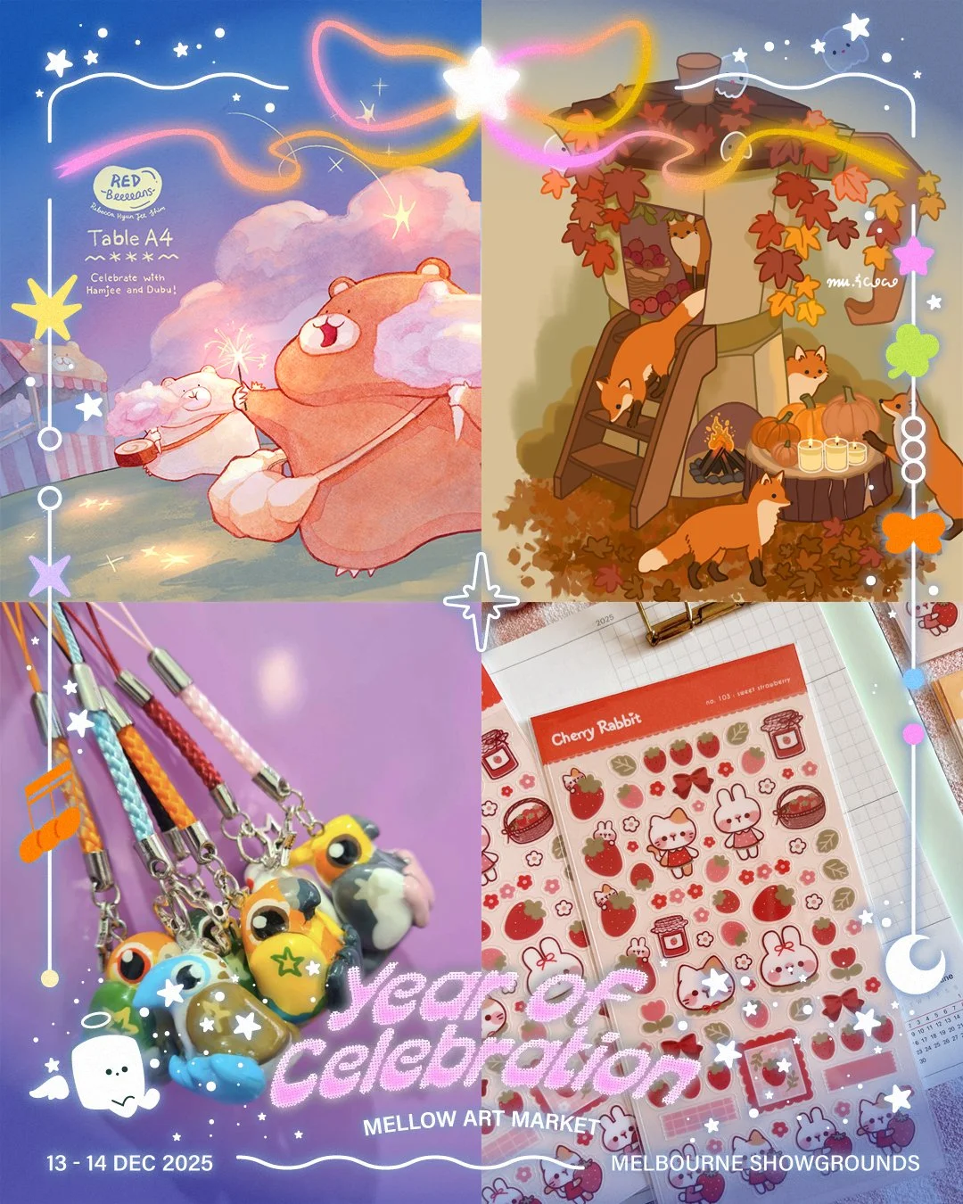 Here comes the next group in our parade line-up!

We are featuring 4 artists in one post &mdash; please refer to the images from left to right, top to bottom for the line-up ✨

@redbeeeeans (Table A4)
I'm Rebecca a Sydney based Illustrator with a fon