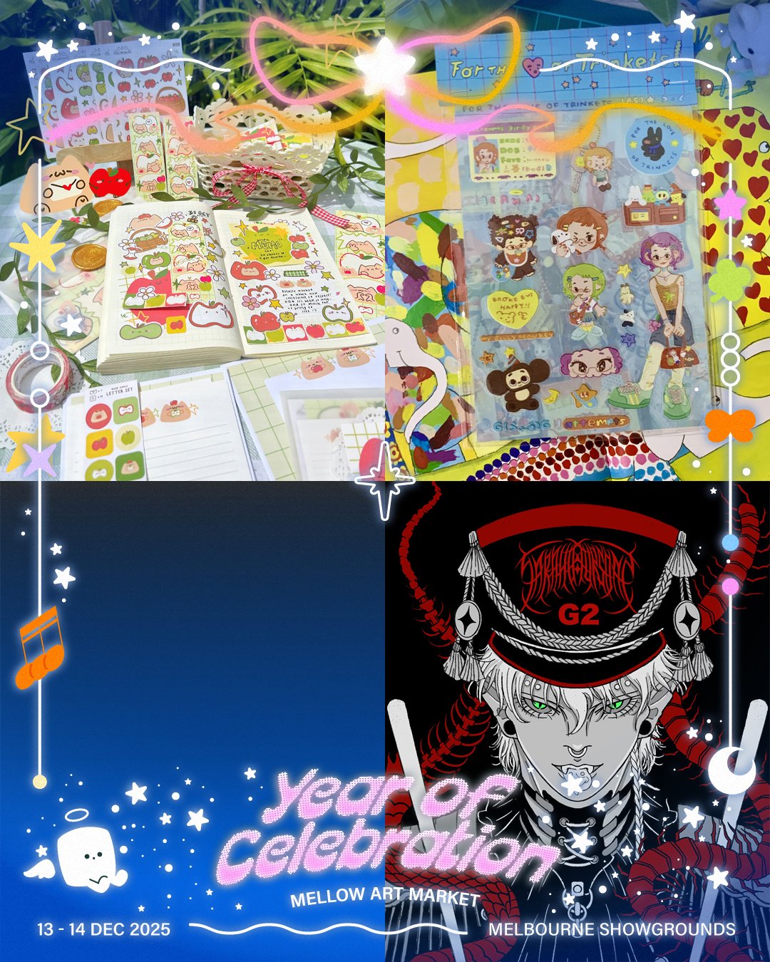 Another vibrant group of artists stepping into the spotlight!

We are featuring 4 artists in one post &mdash; please refer to the images from left to right, top to bottom for the line-up ✨

@sendingyoulovealways (Table A5)
hi hello ! i'm selene and i