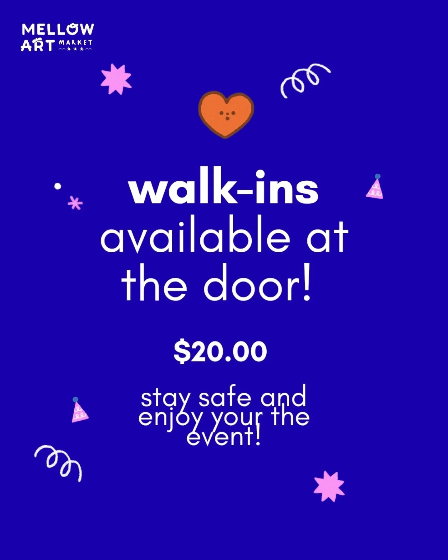 ‼️ Tickets available at the door 💫
Based on our experience yesterday, we were able to accommodate all our walk-ins smoothly! So come on through today if you were planning on walking-in! 

🎟️ $20.00 at the door! 

✏️ Event details: Mellow Art Market