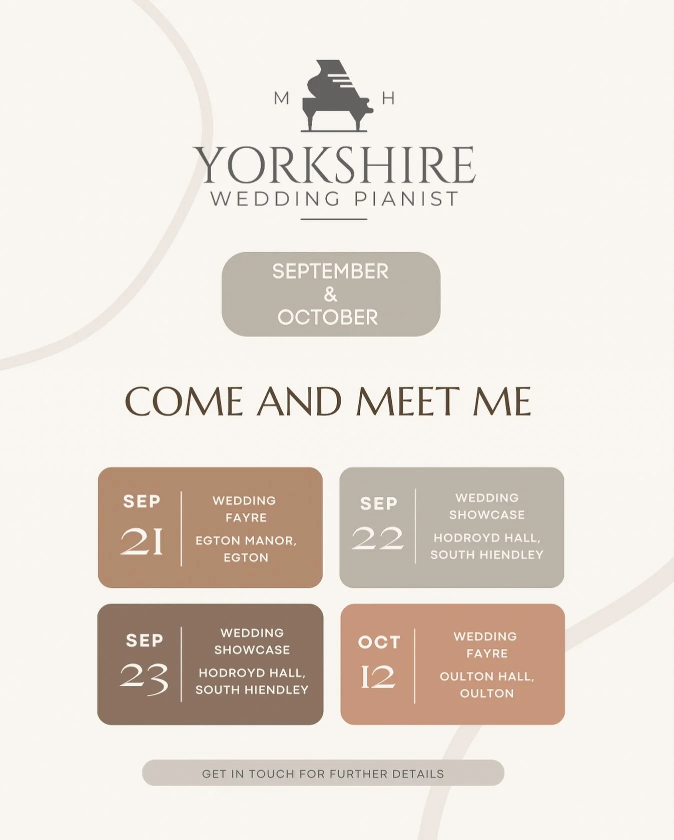 ✨ Exciting news! ✨ I&rsquo;ll be performing at some gorgeous venues this September and October for their wedding fayres and showcases 🎹🎶 Come along, soak up the wedding vibes, and enjoy some live piano music!

Tickets are available through me or di