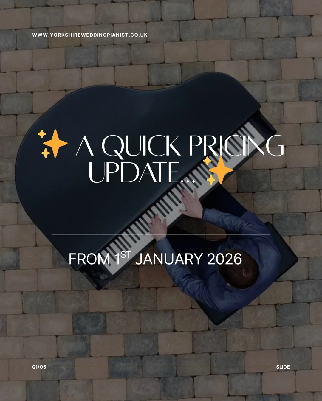 🎹✨ An update for future couples ✨🎹

From 1st January 2026, my wedding piano rates will be adjusting to reflect the rising costs of delivering a professional, seamless service. 🎼

🤍 Already enquired or already booked?
Please rest assured &mdash; i