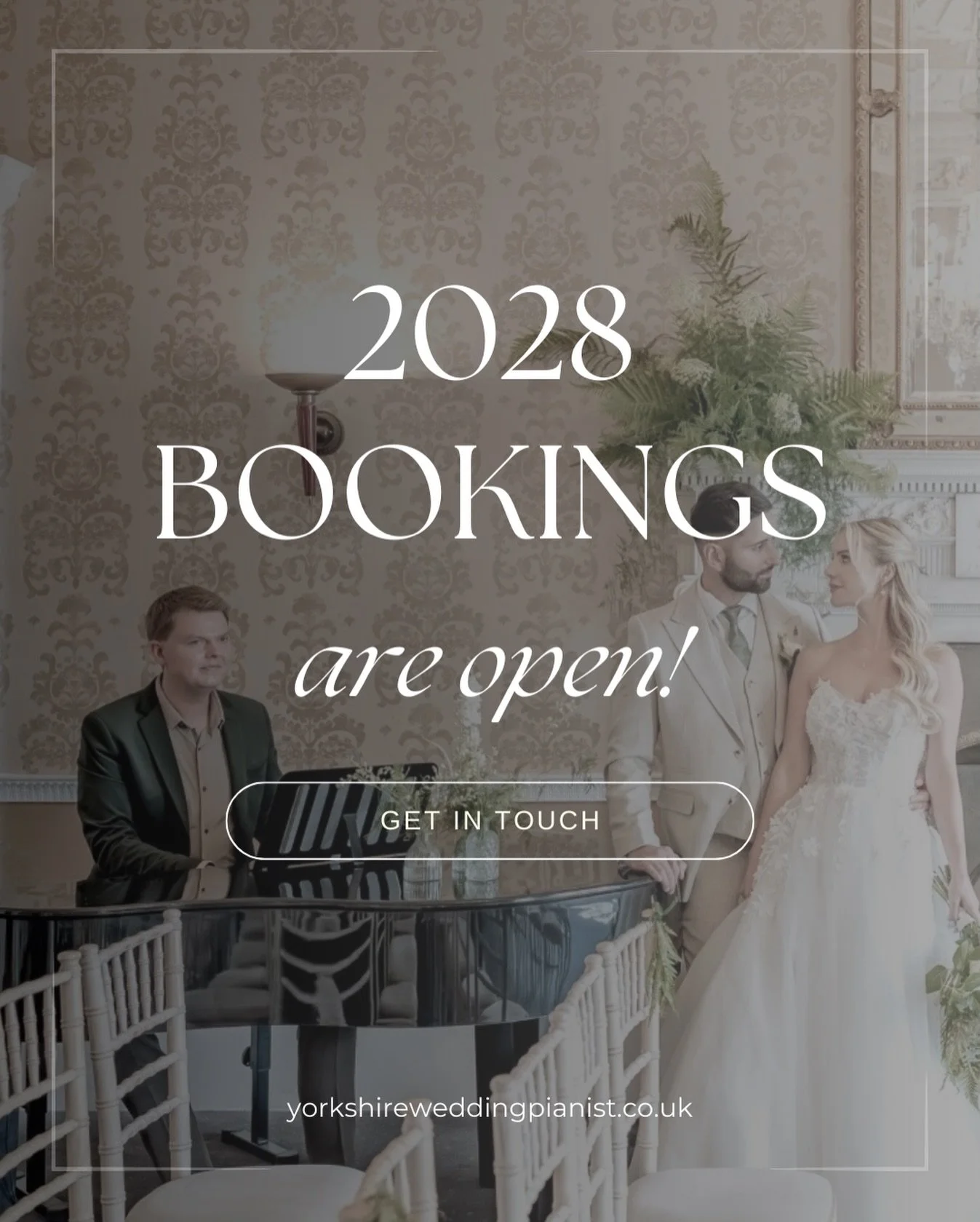 ✨ 2028 Wedding Bookings Now Open ✨

Over the past few months I&rsquo;ve had lots of enquiries for 2028 weddings, and I&rsquo;m pleased to say I&rsquo;m now in a position to officially take bookings for that year 🎹

If you previously enquired about y