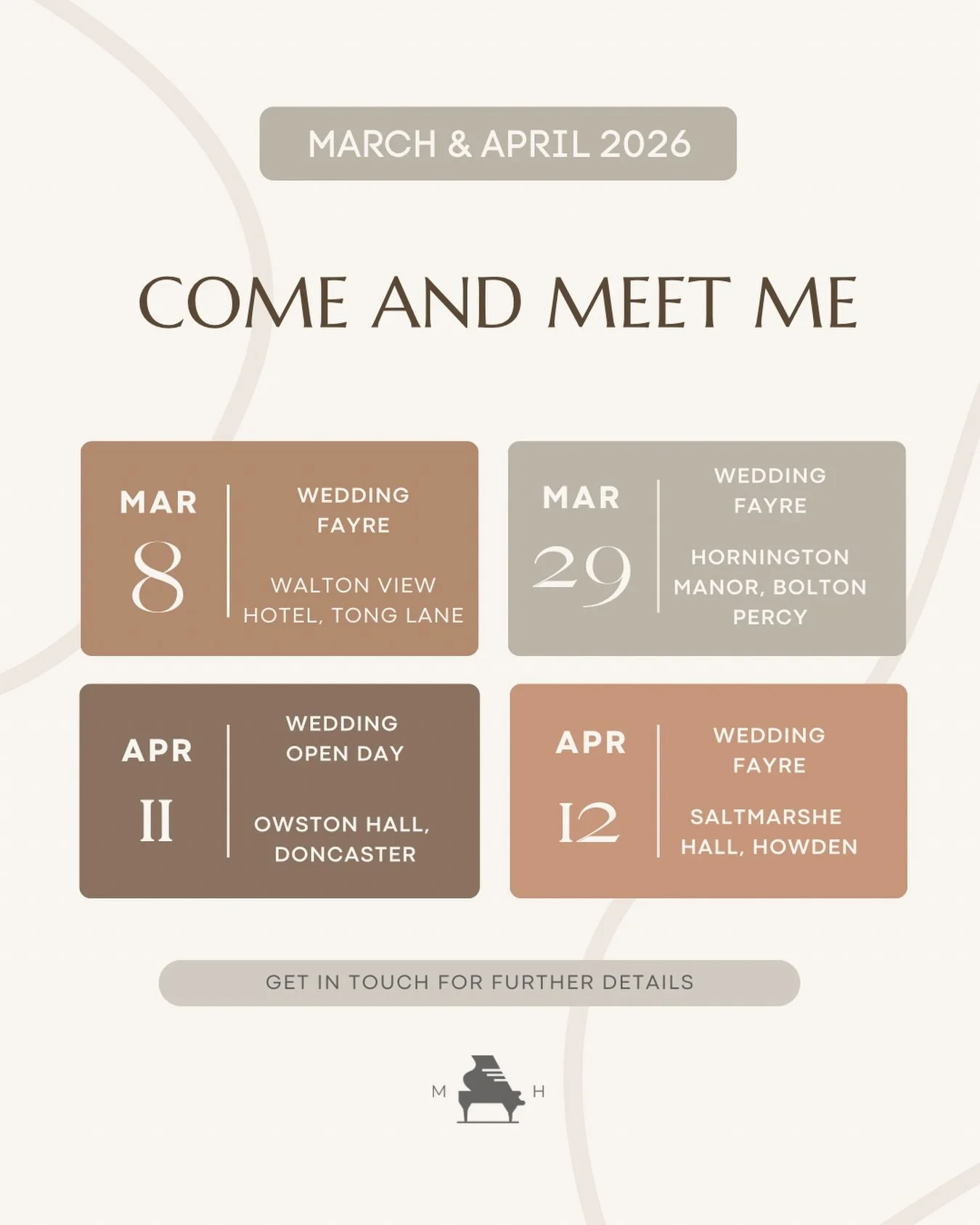 If you&rsquo;re currently planning your wedding, here are some upcoming events where you can hear me play live and explore some beautiful Yorkshire wedding venues 🎹

📍 8th March &ndash; Wedding Fayre at @WaltonViewHotel 
A stunning countryside venu