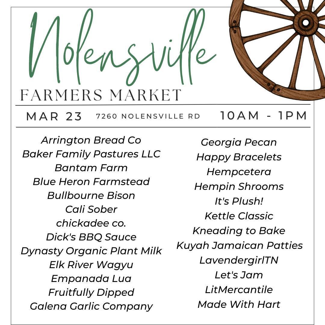 Here's a look at the vendors you'll find tomorrow, Saturday March 23! We're open from 10a-1p, and the weather is looking like another fabulous spring day! @empanadalua and Retro Grinds Coffee have you covered for breakfast! Loads of other food option