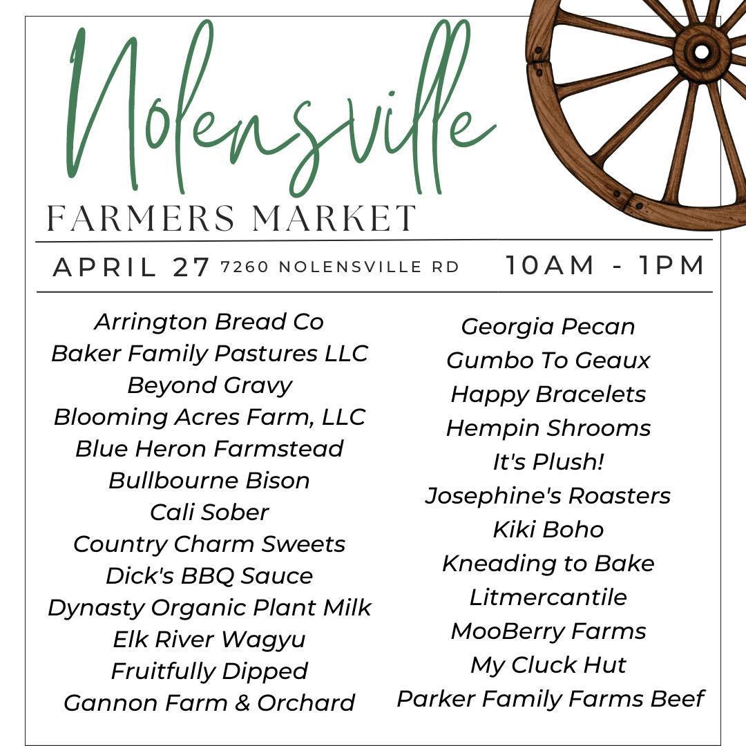 Plant starts, spring bouquets, fresh greens and more! Join us for the final winter farmers market! Next Saturday, May 4th kicks off our 10th year of the Nolensville Summer Farmers Market. 🍓

❄️ Winter Market December-April
📅Saturdays 10a-1p
📍Mill 