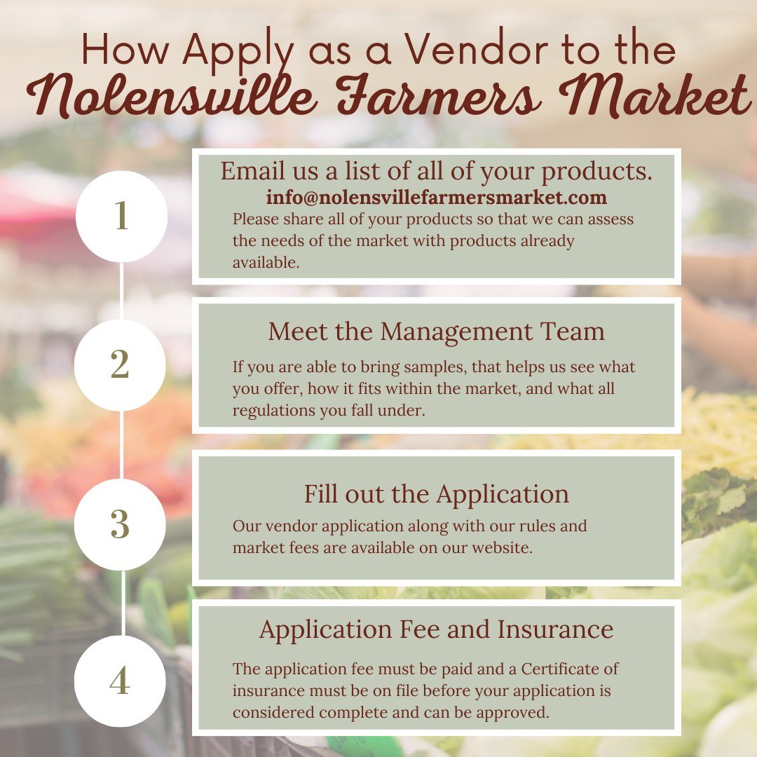 We've had some folks reach out about scammers lately and want to reiterate - Please do not message or pay anyone for space at the Nolensville Farmers Market. 

Our application process is outlined here and starts with an email to the official Nolensvi