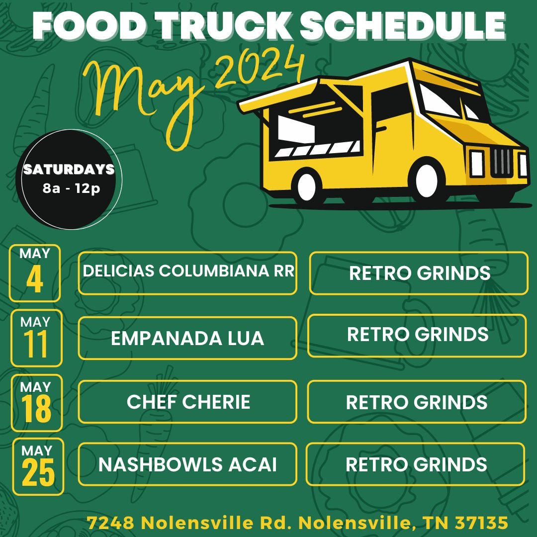 Here's a look at the schedule of food trucks for May! We can't wait to kick off 10 years of the NFM. See you Saturday!

📅Saturdays 8a-12p
📍7248 Nolensville Rd. Nolensville, TN
🌽Producer-Only Market 

#nolensvillefarmersmarket #nolensvilletn #nolen