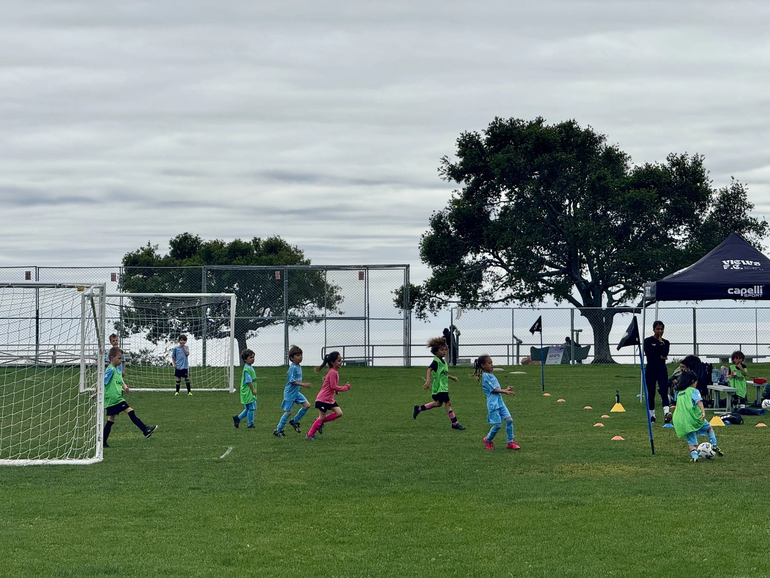 Children playing soccer on a grass field with a coach nearby and a tent in the background.