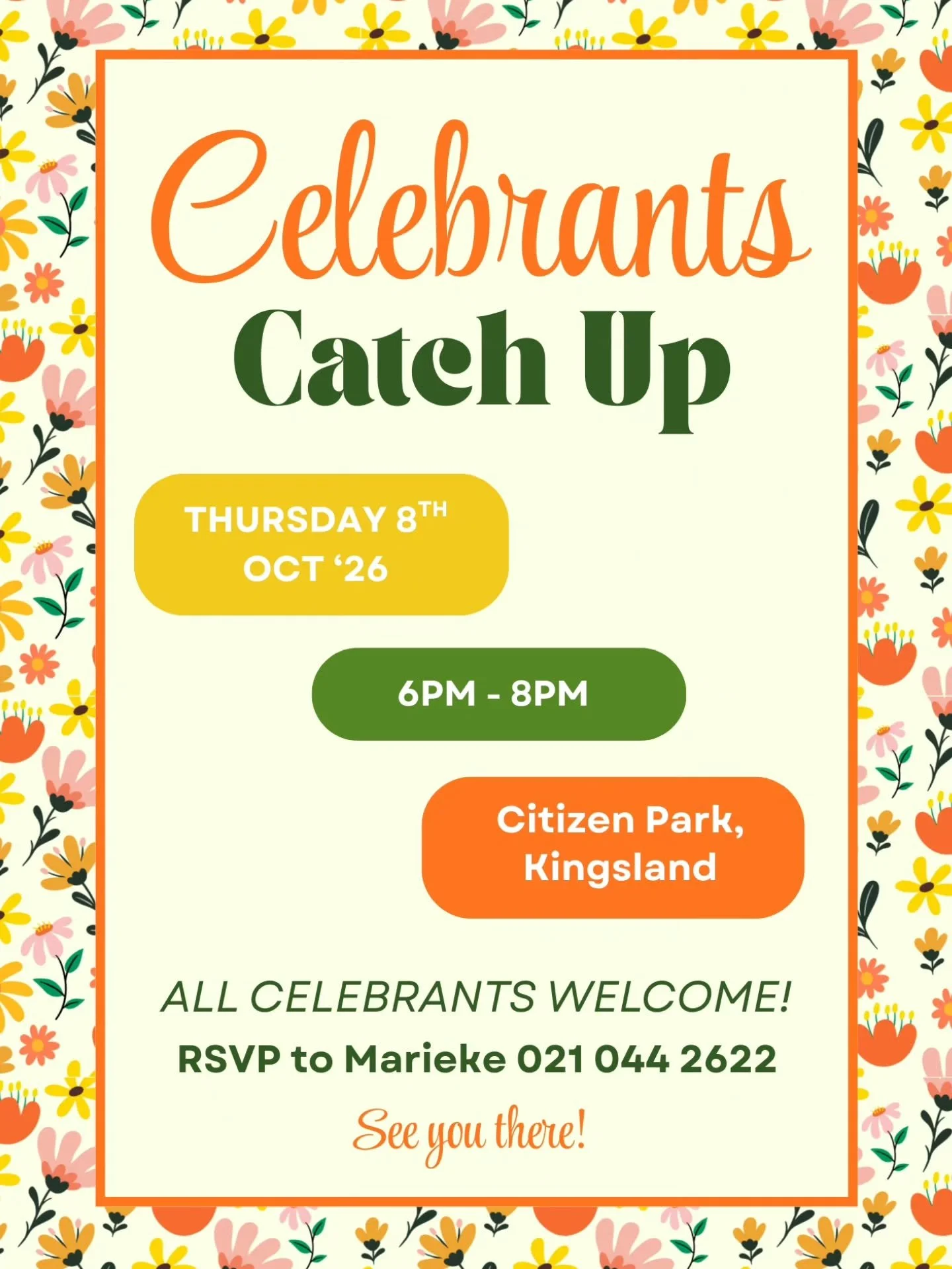 Calling all Celebrants! 💛 Our last catch up was a hoot! Heading more central this time. Come along, have a drink, chew the fat and make some friends! 

Share around and see you there! 😉🥂

#auckland #celebrant #savethedate #chewthefat #wereafriendl