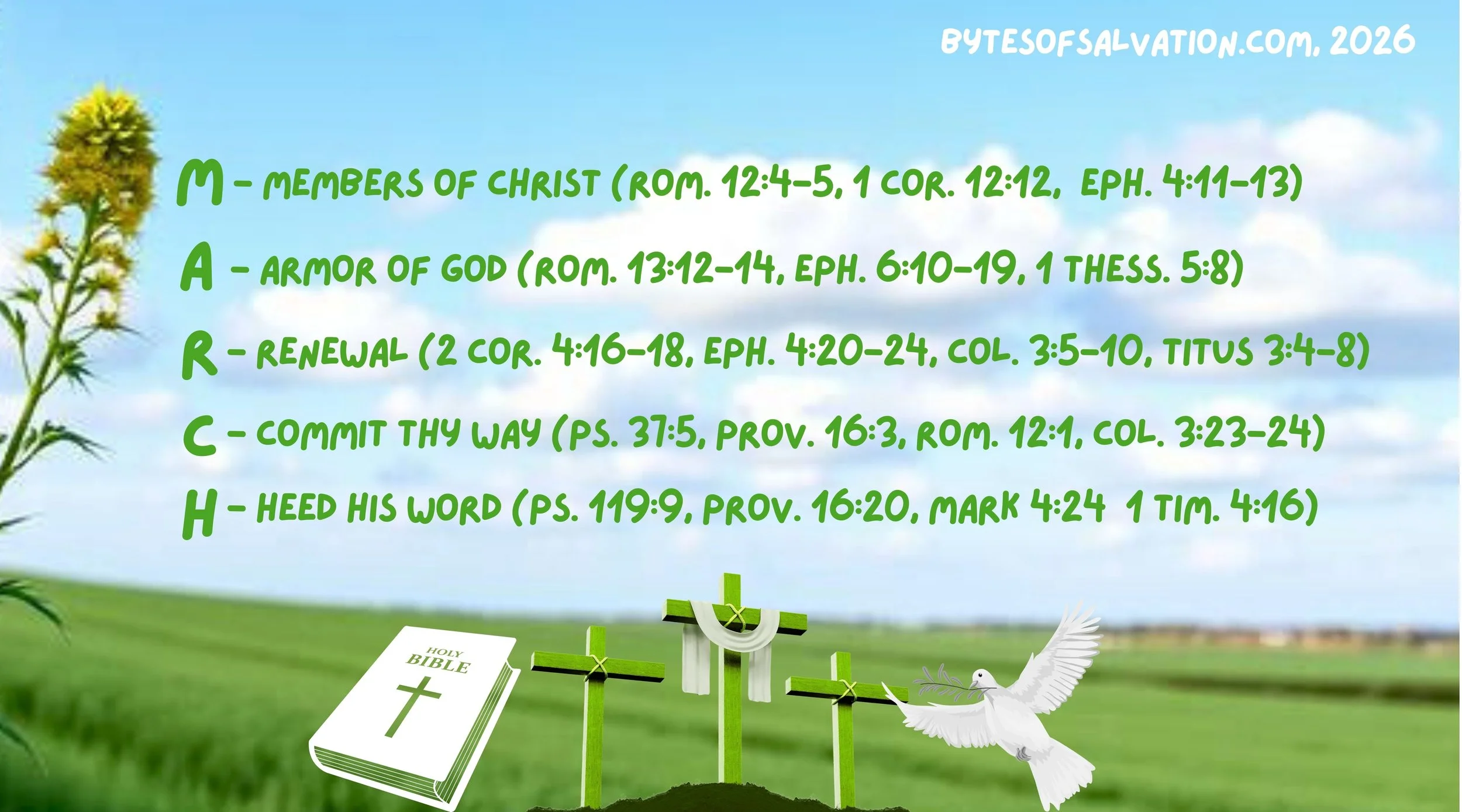 The word "March" on a flower background shown with each letter representing a different biblical phrase, along with biblical imagery of the bible, the cross, and a dove, and the website name "bytesofsalvation.com'.
