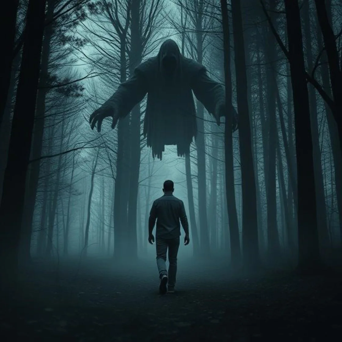 AI generated image of a man walking in a dark forest under the influence of a spirit of darkness