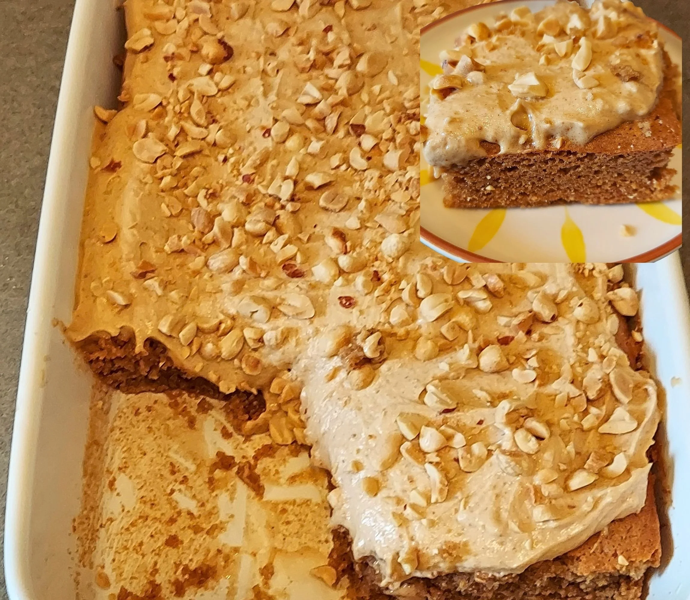 9 by 13 baking dish with a frosted brown cake topped with a tan colored frosting and chopped peanuts. A piece of the cake is removed and placed on another small plate. 