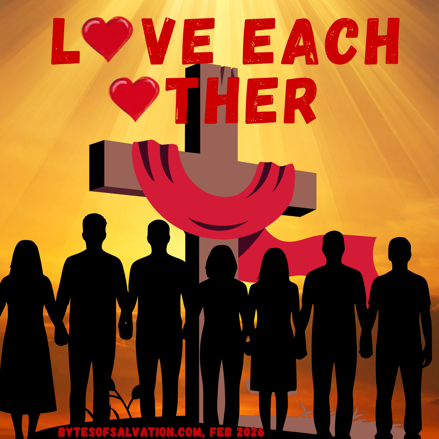 Silhouettes of people holding hands in front of the cross of Jesus Christ with the words "Love each other"  displayed over the cross. The website name bytesofsalvation.com is also on the image.