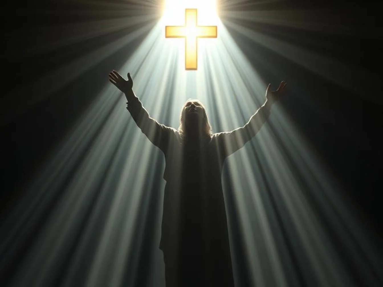 AI generated image of a woman in darkness being enveloped by the light of the cross penetrating through the darkness