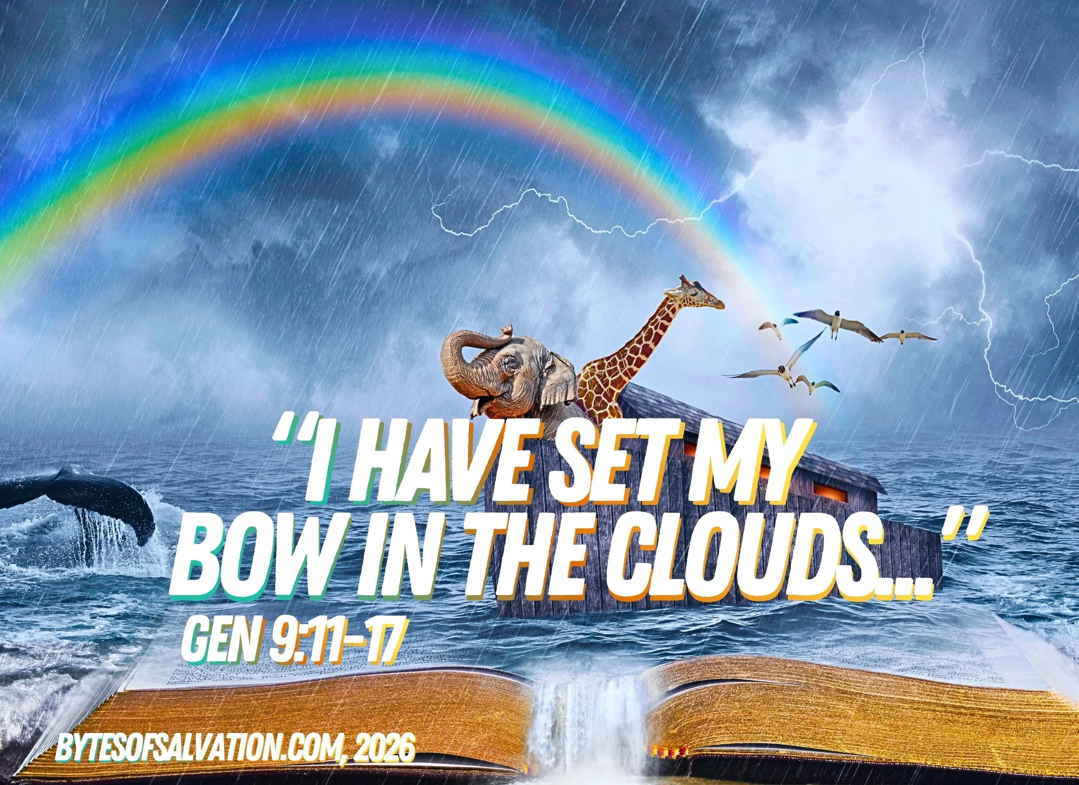 Biblical flood scene with Noah's Ark and the rainbow in the clouds. Also shown is part of a bible verse with scripture reference and the words "bytesofsalvation, 2026" in the bottom left corner. 
