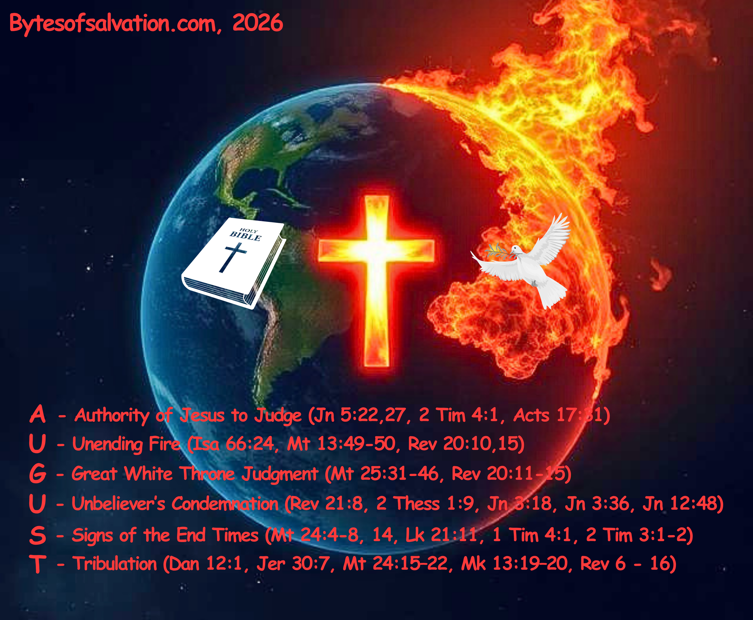 The word "August" shown with each letter representing a different biblical word, along with graphics of the bible, the cross, and a dove, with an image of fire coming down on the earth and the words  "bytesofsalvation.com, 2026”