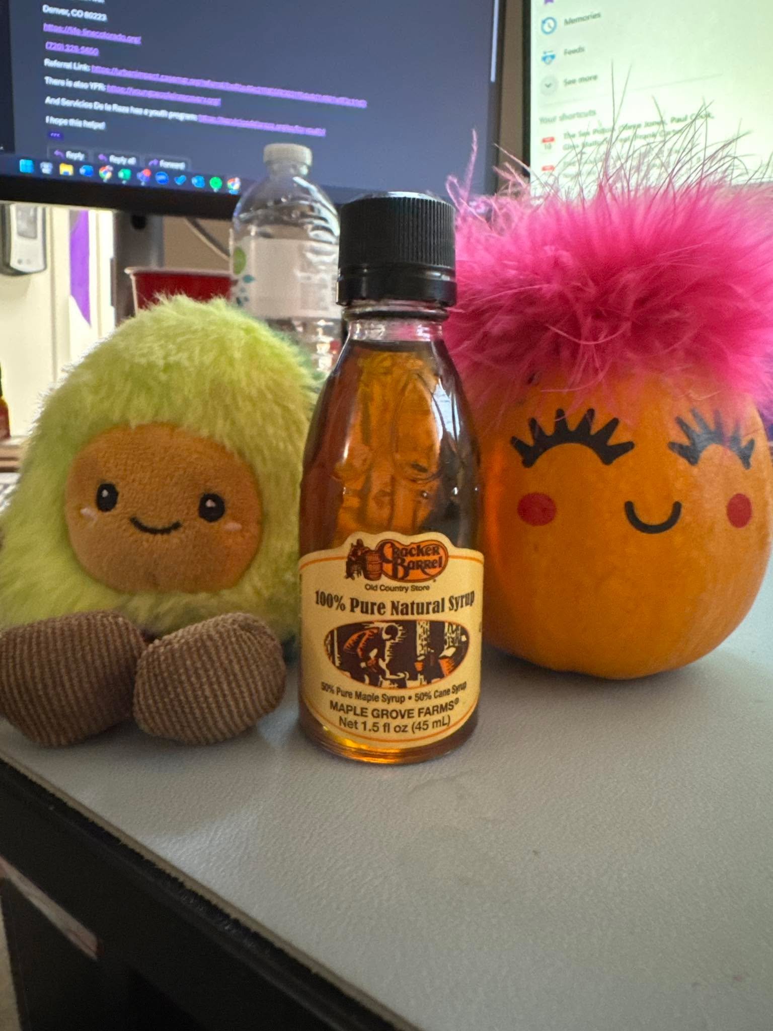 Sometimes the day calls for an avacado, a bottle of Cracker Barrel maple syrup and a Vanessa pumpkin. What more does one need, really?