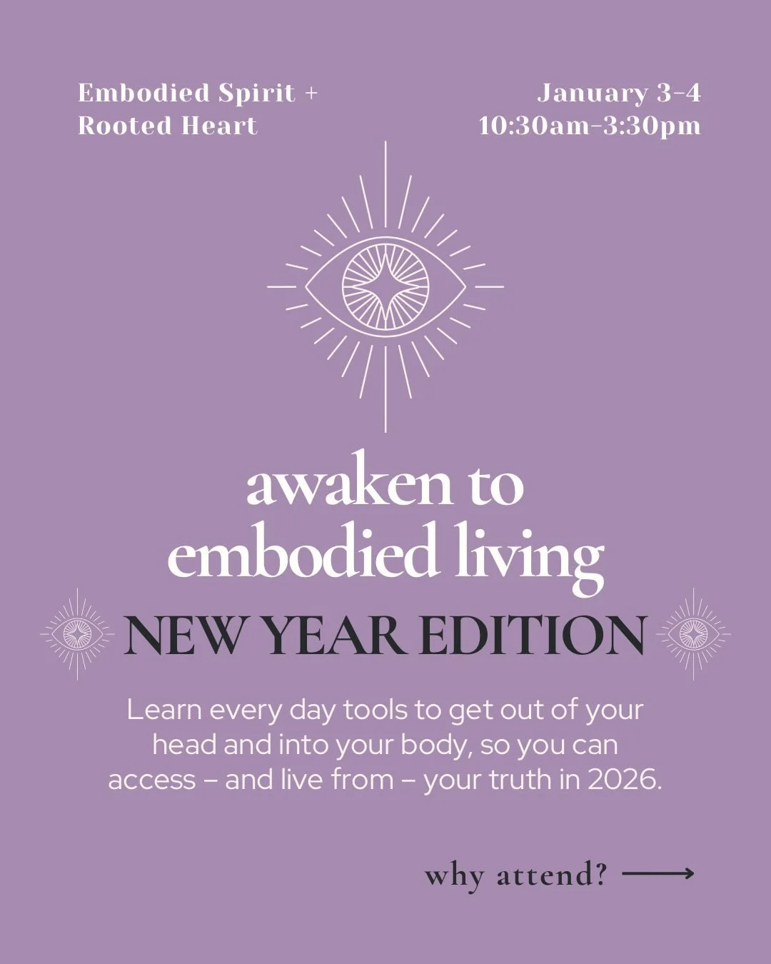 ✨ Awaken to Embodied Living in the New Year✨
 
Join me for a soulful New Year immersion designed to help you come home to your body, your truth, and your inner wisdom.

Over two spacious half-day workshops, we&rsquo;ll explore embodiment through yoga