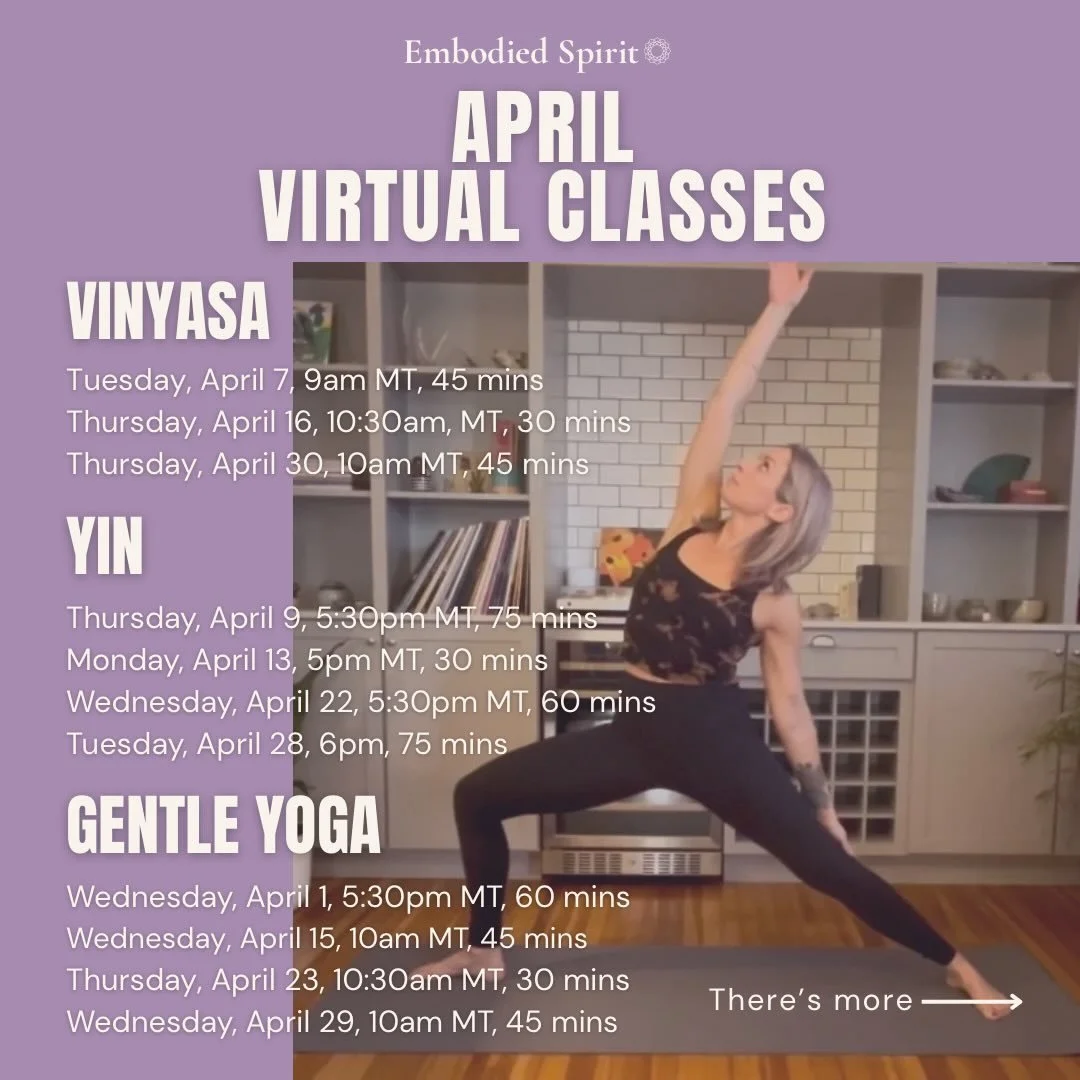 Anytime, anywhere, let&rsquo;s meet on our mats in April 😎.

I have 11 virtual classes planned for you this month 😃.
Book any class and get the replay for 7 days, even if you can&rsquo;t attend live.

Drop in or sign up for my monthly virtual membe