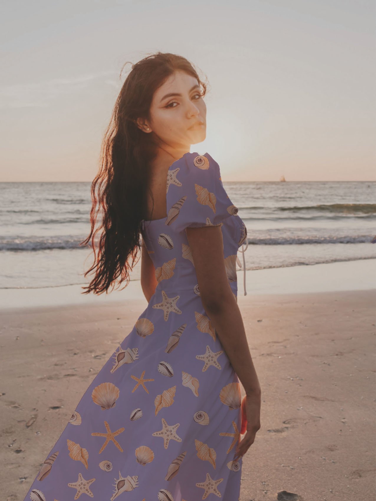 Chic nautical-inspired pattern for women’s clothing, featuring watercolor seashells and a summery beach aesthetic.