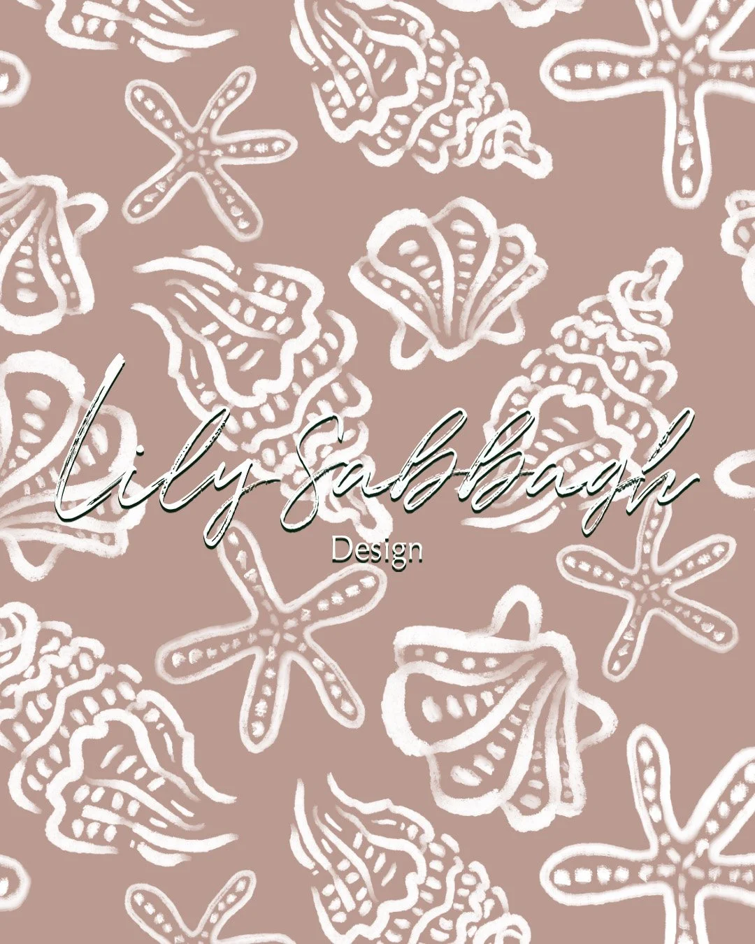 Beach-themed pattern with white starfish and shells on a pinkish-brown background, overlaid with the text 'Lily Sabbagh Design'.
