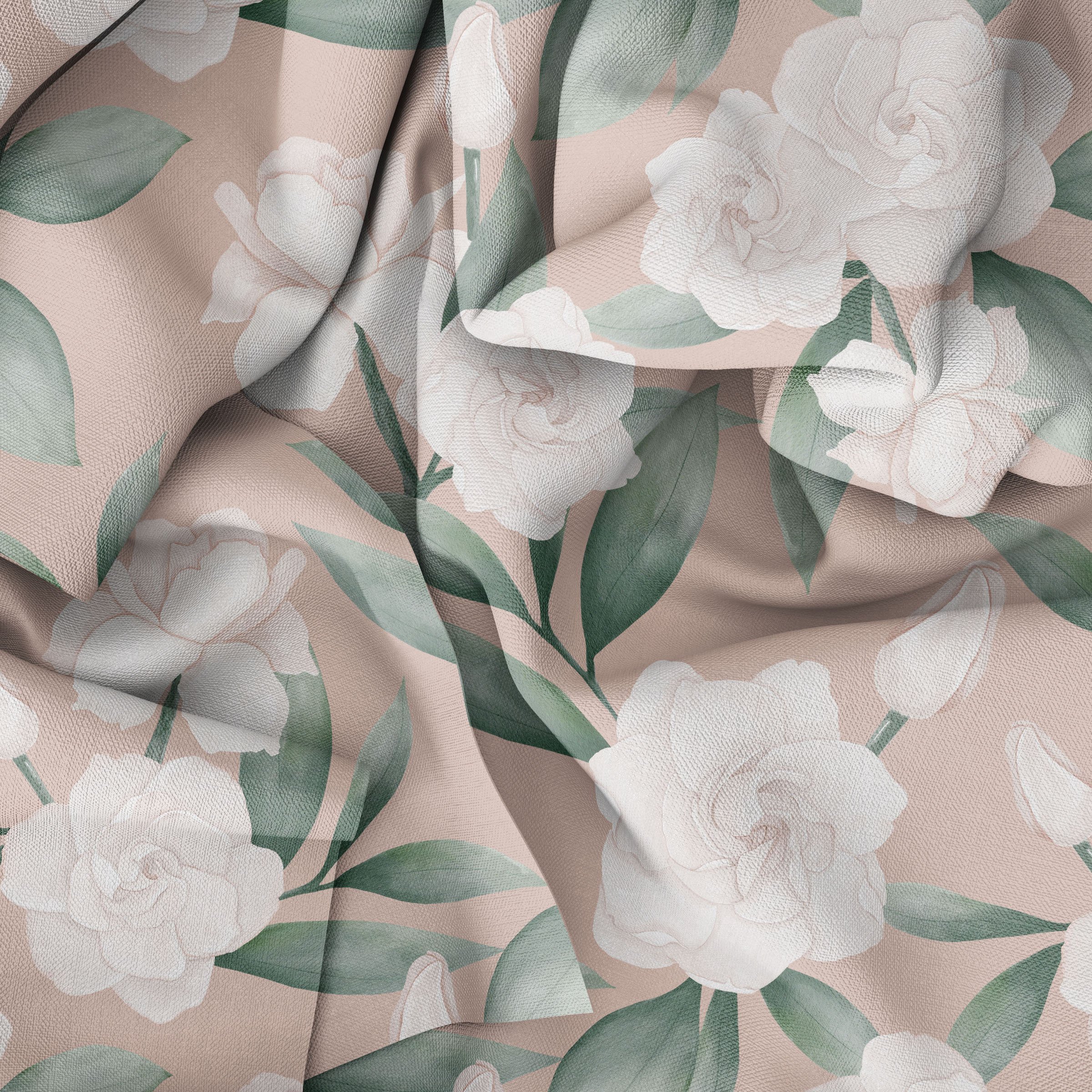 Luxury fabric design with delicate gardenia flowers and soft greenery, ideal for fashion and home decor.