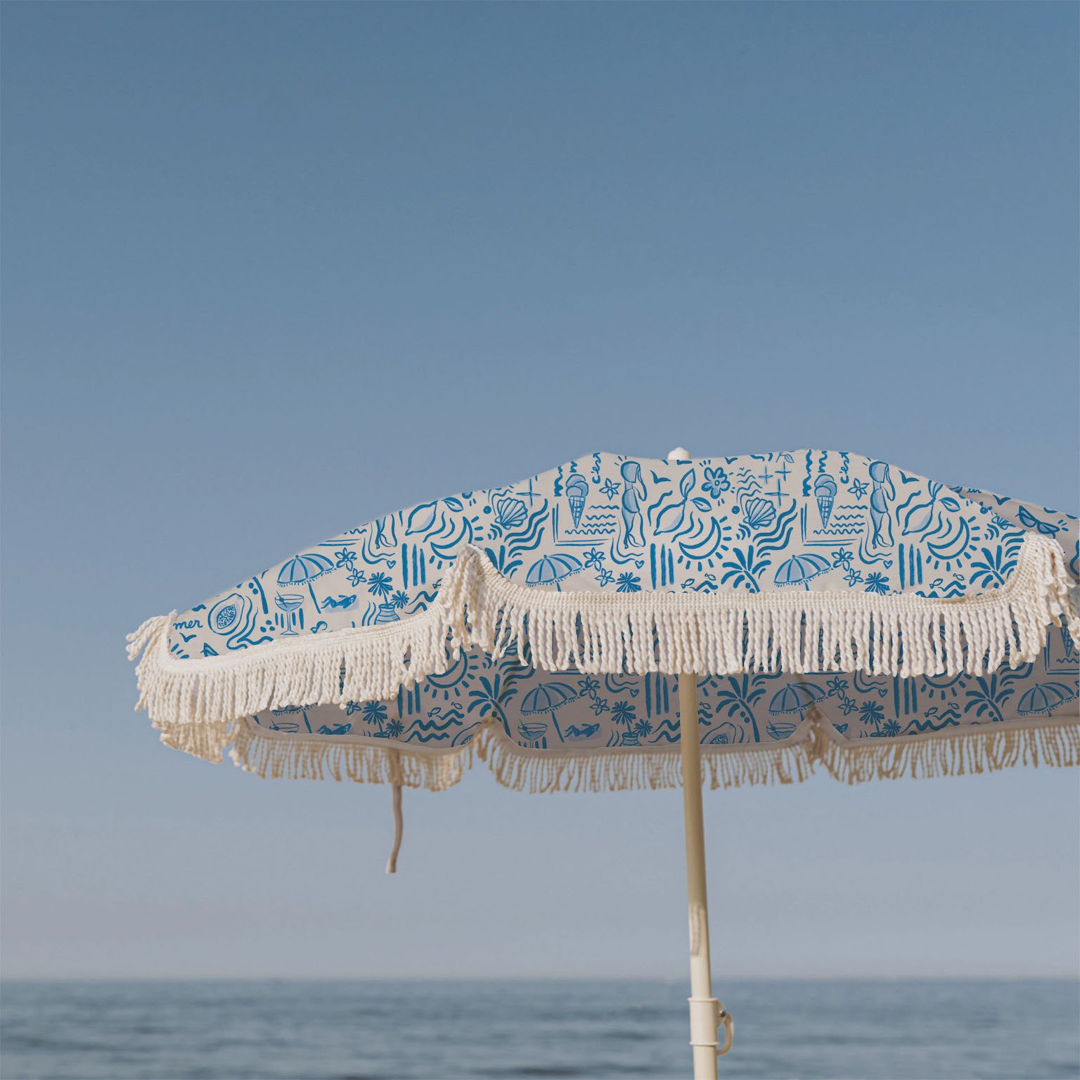 Abstract coastal design in warm Mediterranean hues, featuring sun, waves, and tropical details.