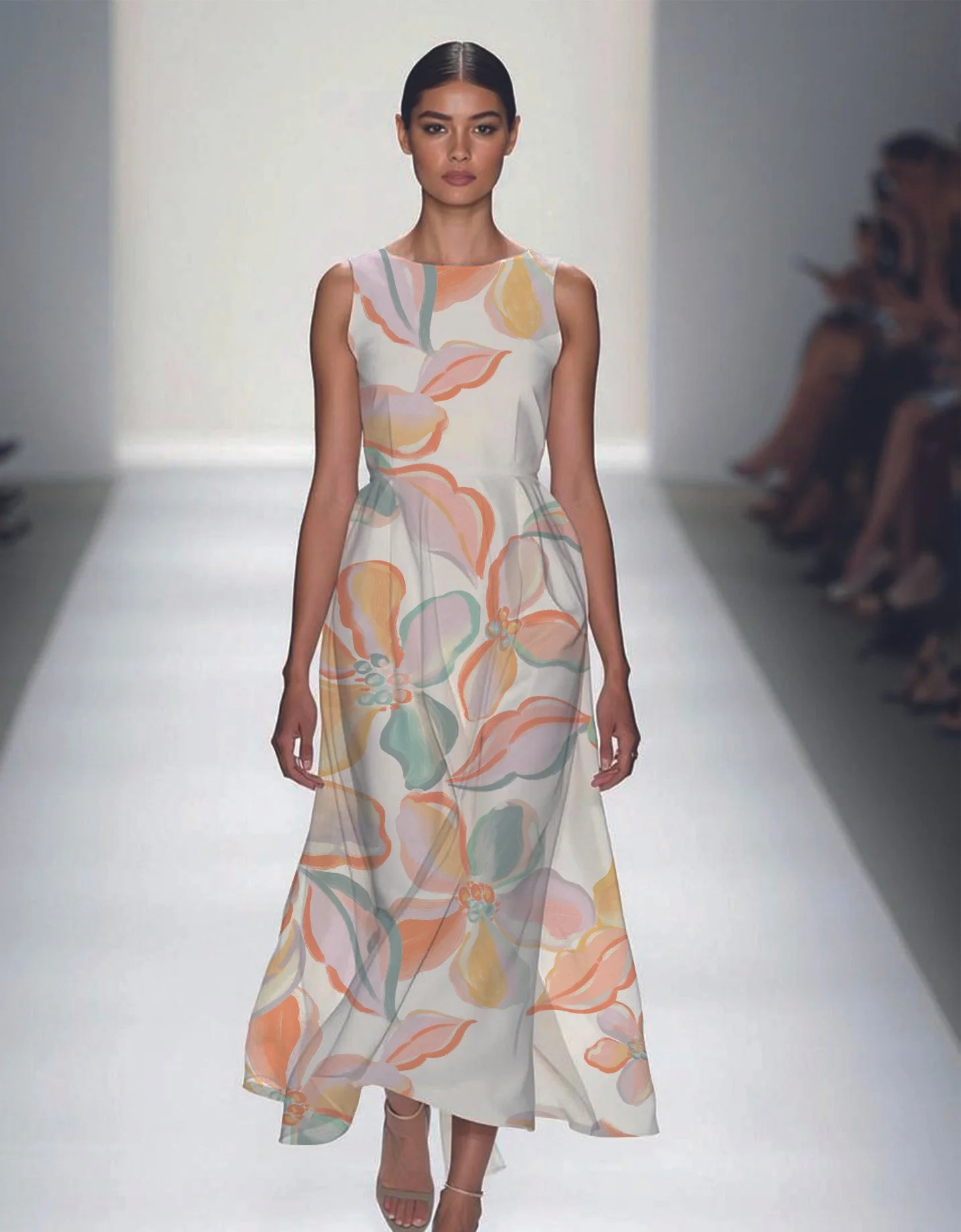 Fashion model walking down runway in sleeveless floral dress with pastel colors.