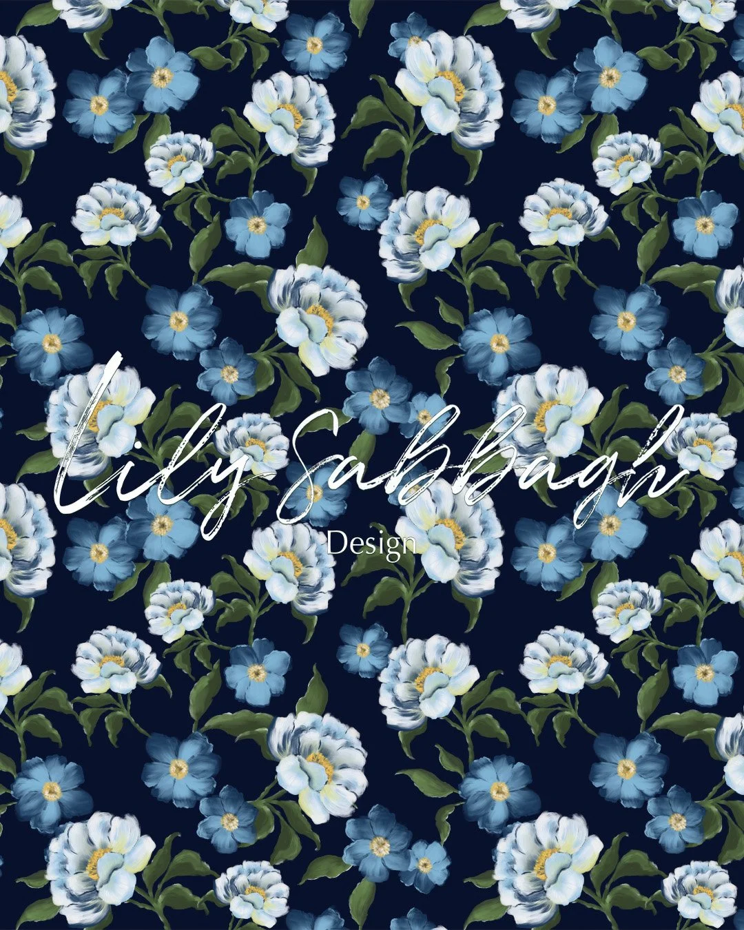 Floral pattern with white and blue flowers and green leaves on a dark background, overlaid with the text 'Lily Sabbagh Design' in cursive and sans-serif fonts.