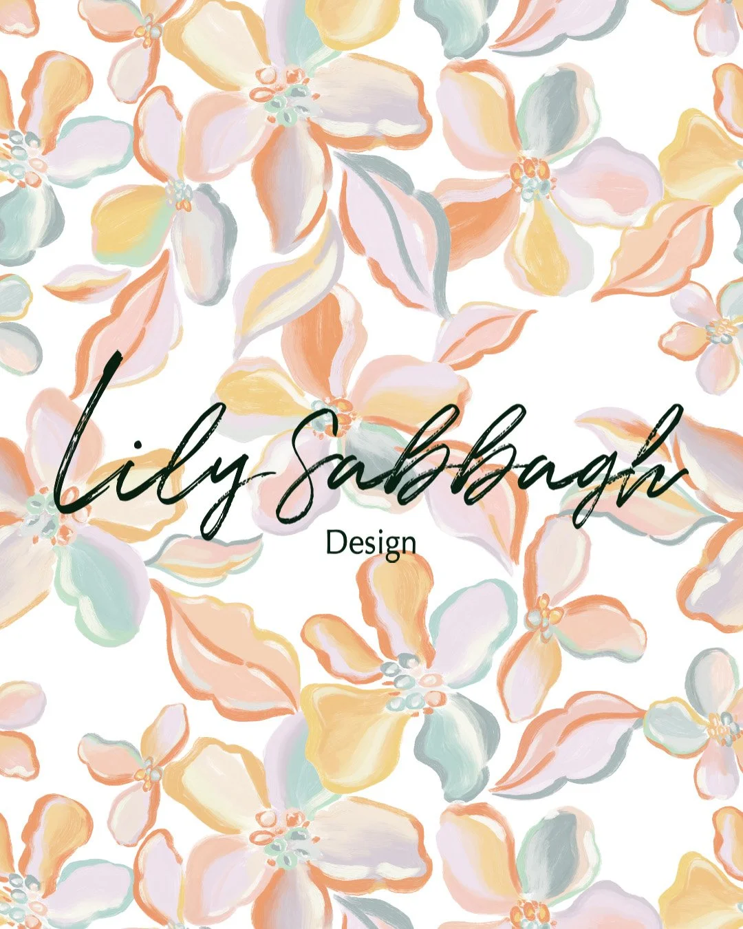 Floral pattern with pastel-colored flowers and leaves, overlaid with the text 'Lily Sabbagh Design' in elegant script.