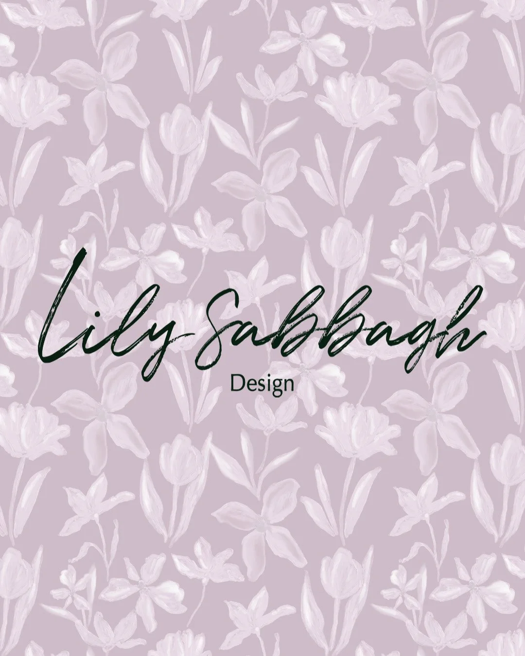 A purple floral patterned background with the text 'Lily Sabbagh Design' in black cursive and 'Design' in smaller print.