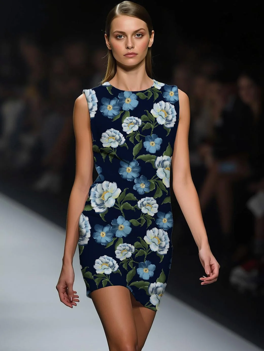 Model walking down runway wearing a sleeveless navy blue dress with large blue and white floral print.