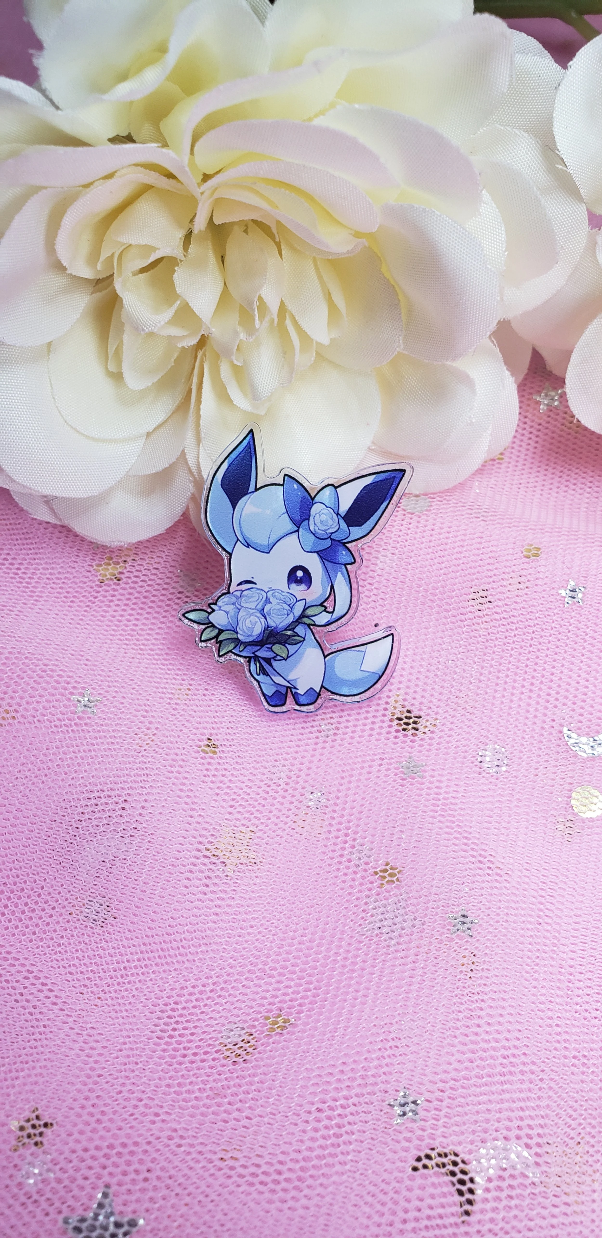 Blue Ice Fox with Flowers Acrylic Pin