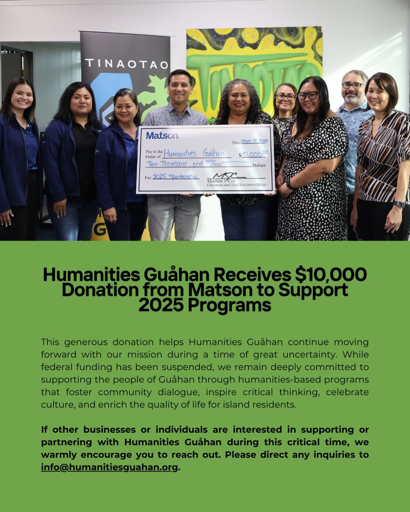 🌺🇬🇺🎉We&rsquo;re honored to share that @matsonait has donated $10,000 to support Humanities Gu&aring;han&rsquo;s 2025 programs&mdash;at a time when it matters more than ever.

With the loss of federal NEH funding, this generous contribution helps 
