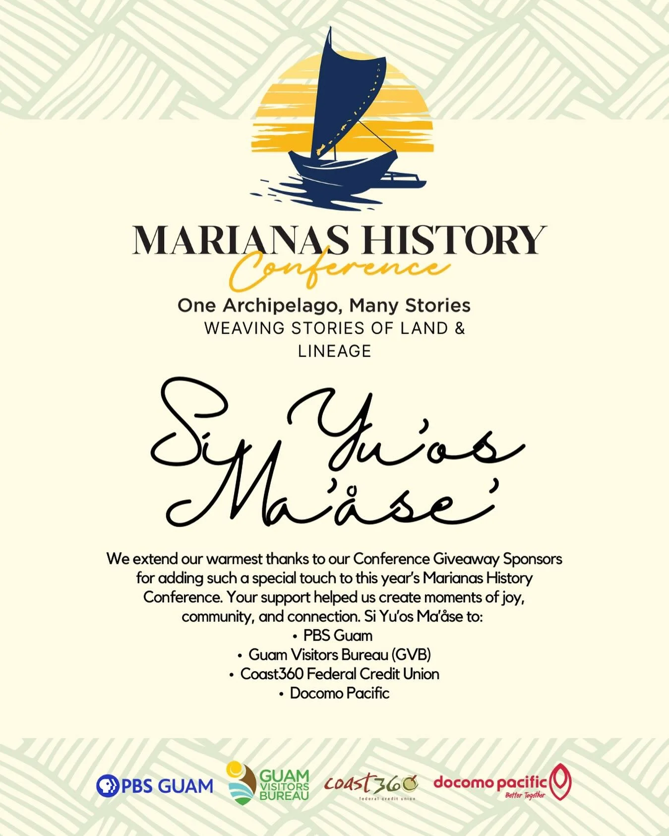 🎁 We&rsquo;re thrilled to partner with our Conference Giveaway Sponsors, who help us create a welcoming and joyful experience at the 7th Marianas History Conference.

From tote bags to thoughtful giveaways, your support brings extra care and appreci