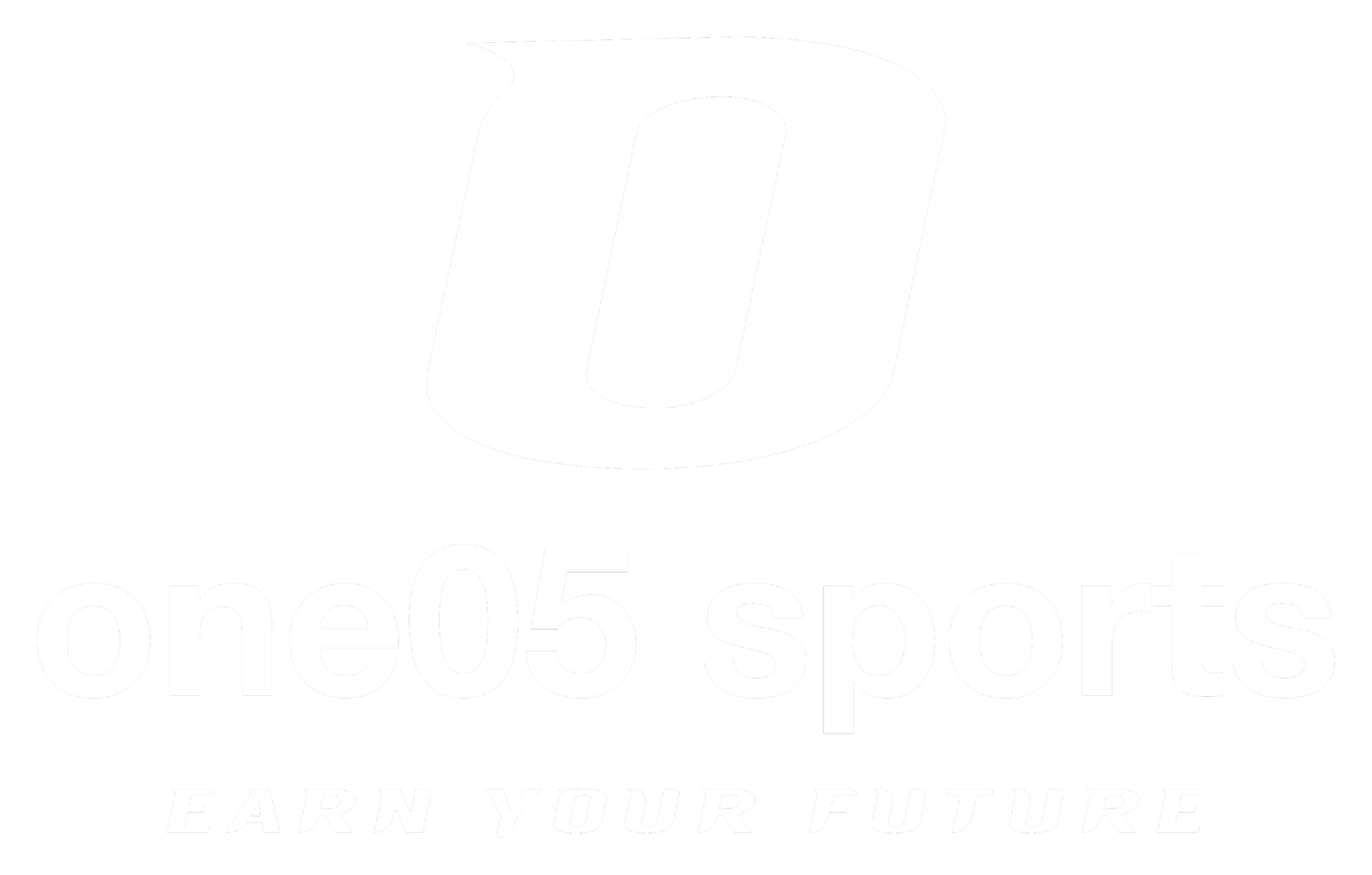 Black background with a large white stylized 'O', the text 'one05 sports' in white, and the phrase 'EARN YOUR FUTURE' in white italics underneath.