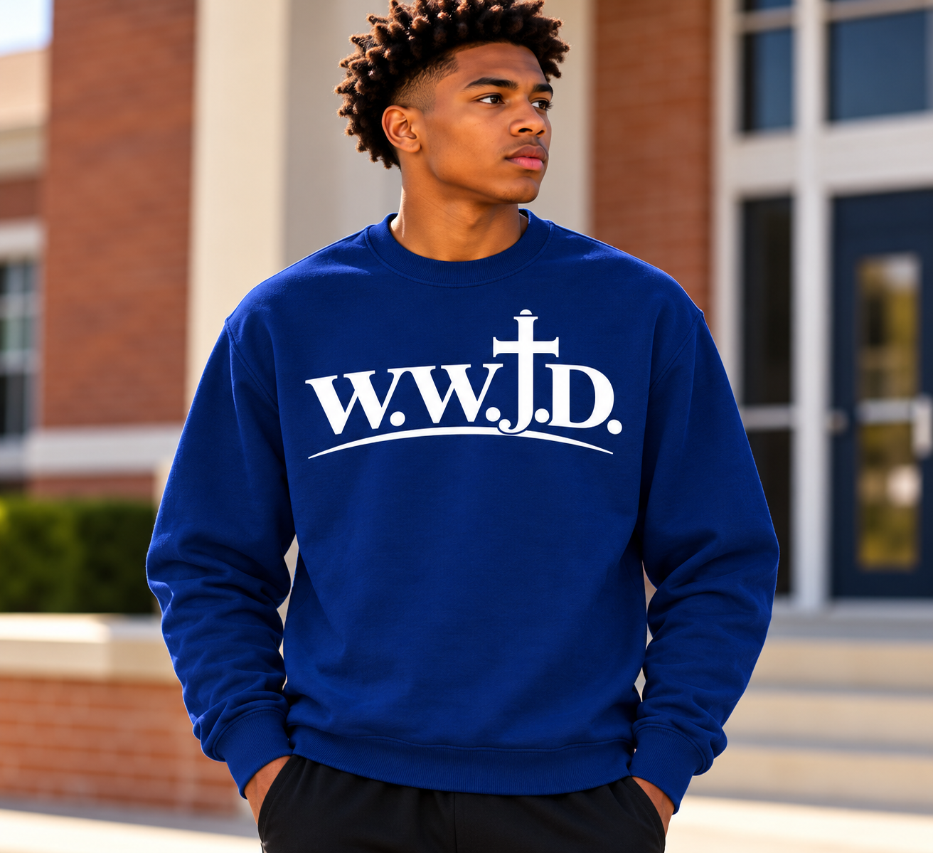 Blue W.W.J.D. Sweatshirt Portrait.png